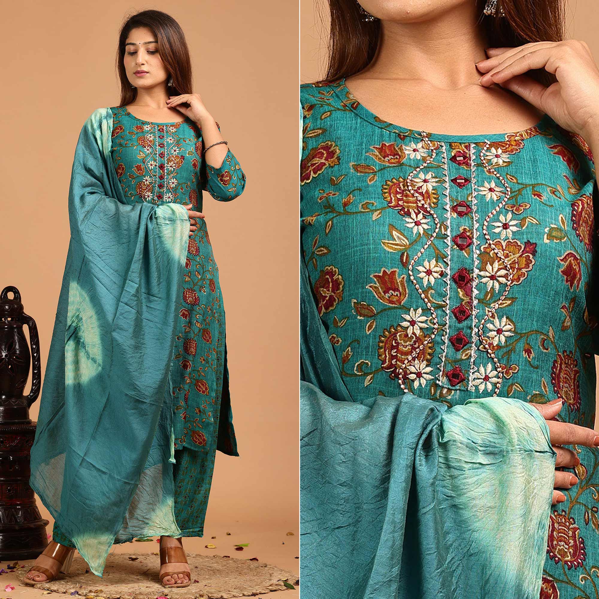 Peachmode Seller Morpich Printed With Embroidered Rayon Salwar Suit