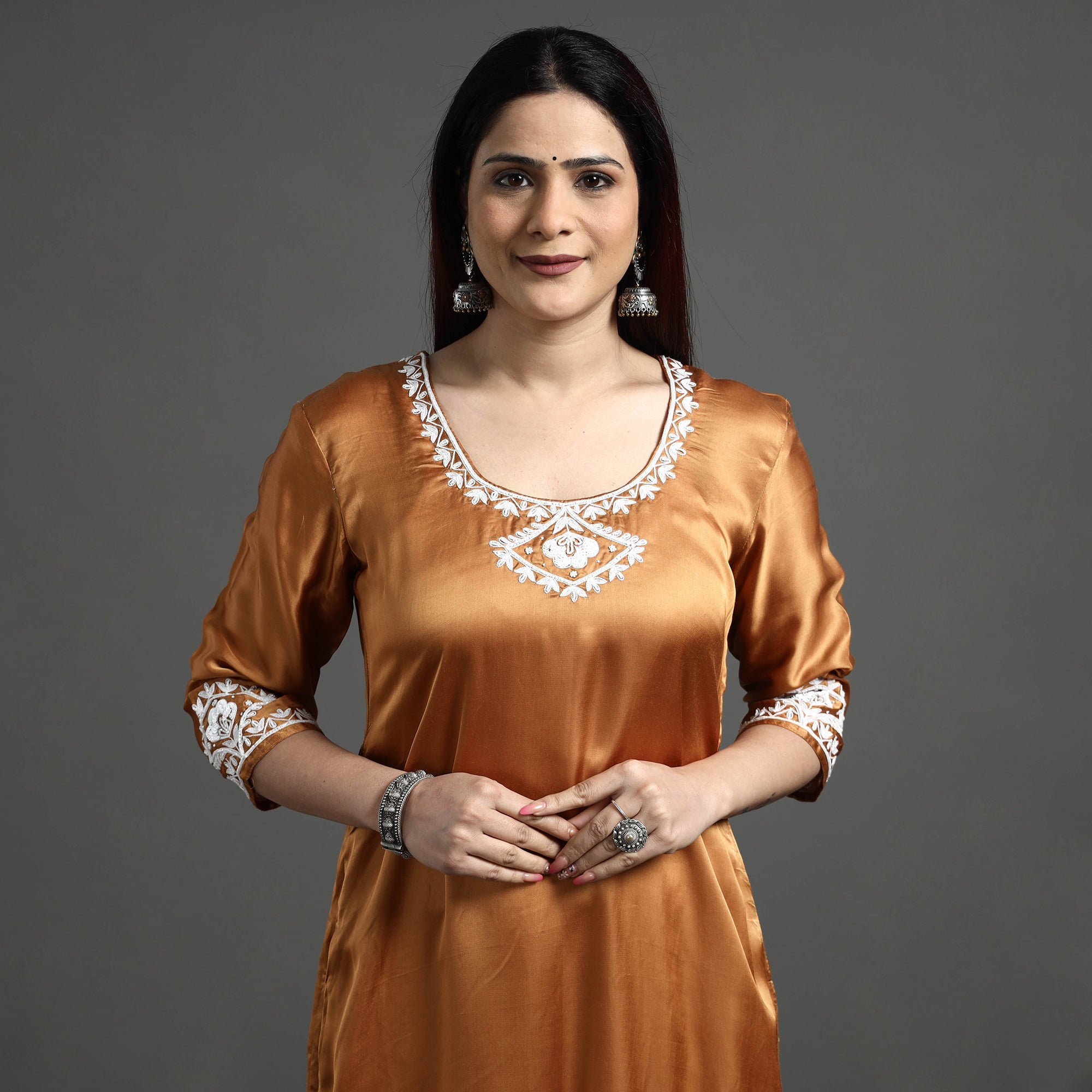 ITOKRI CASUALS Brown Modal Silk Hand Embroidered Long Straight Kurta