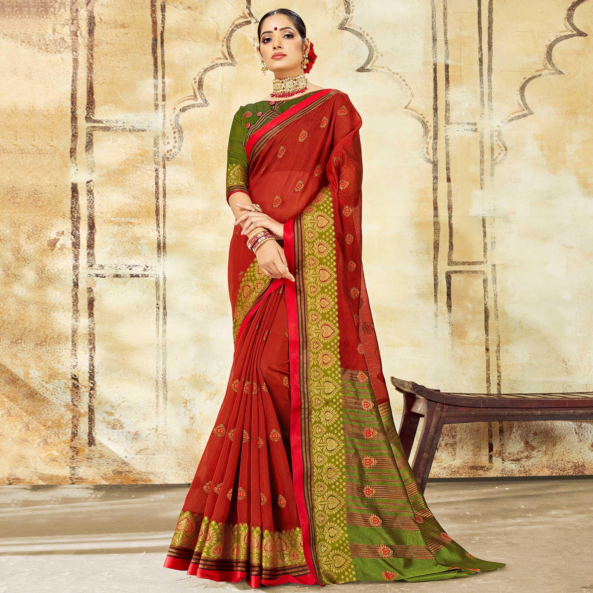 Peachmode Intricate Maroon Colored Festive Wear Woven Cotton Saree