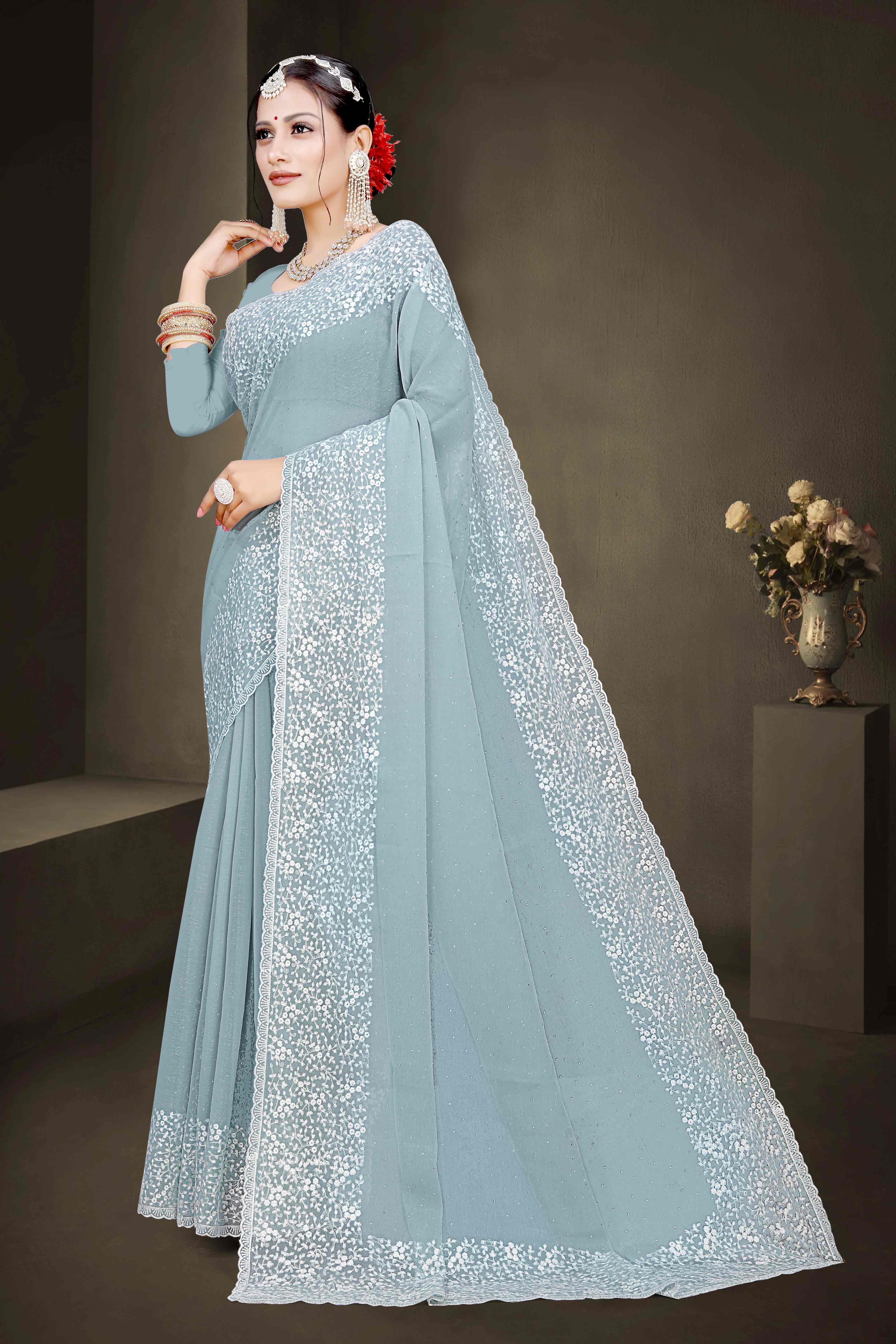 Grey sarees – BlackTree grey-floral-embroidery-with-stonework-chiffon-shimmer-saree-2