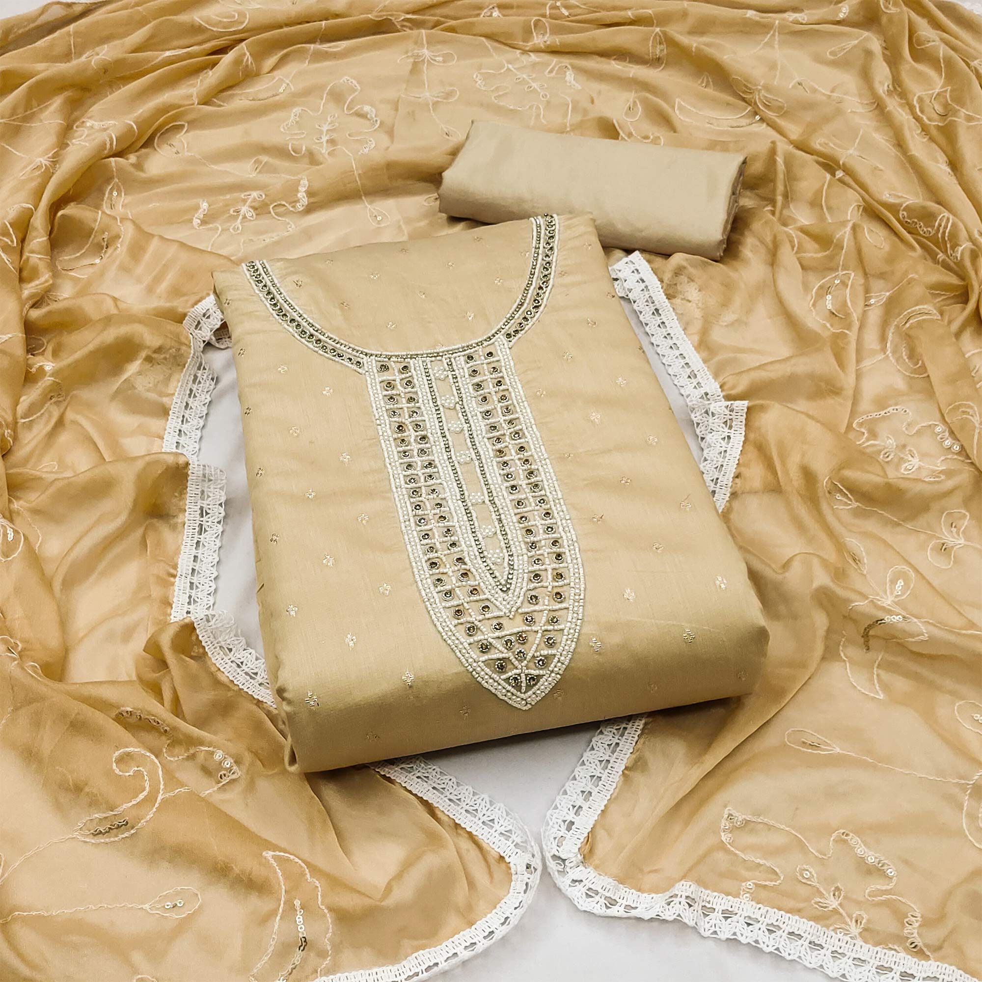 Peachmode Chikoo Woven With Moti Handwork Chanderi Silk Dress Material