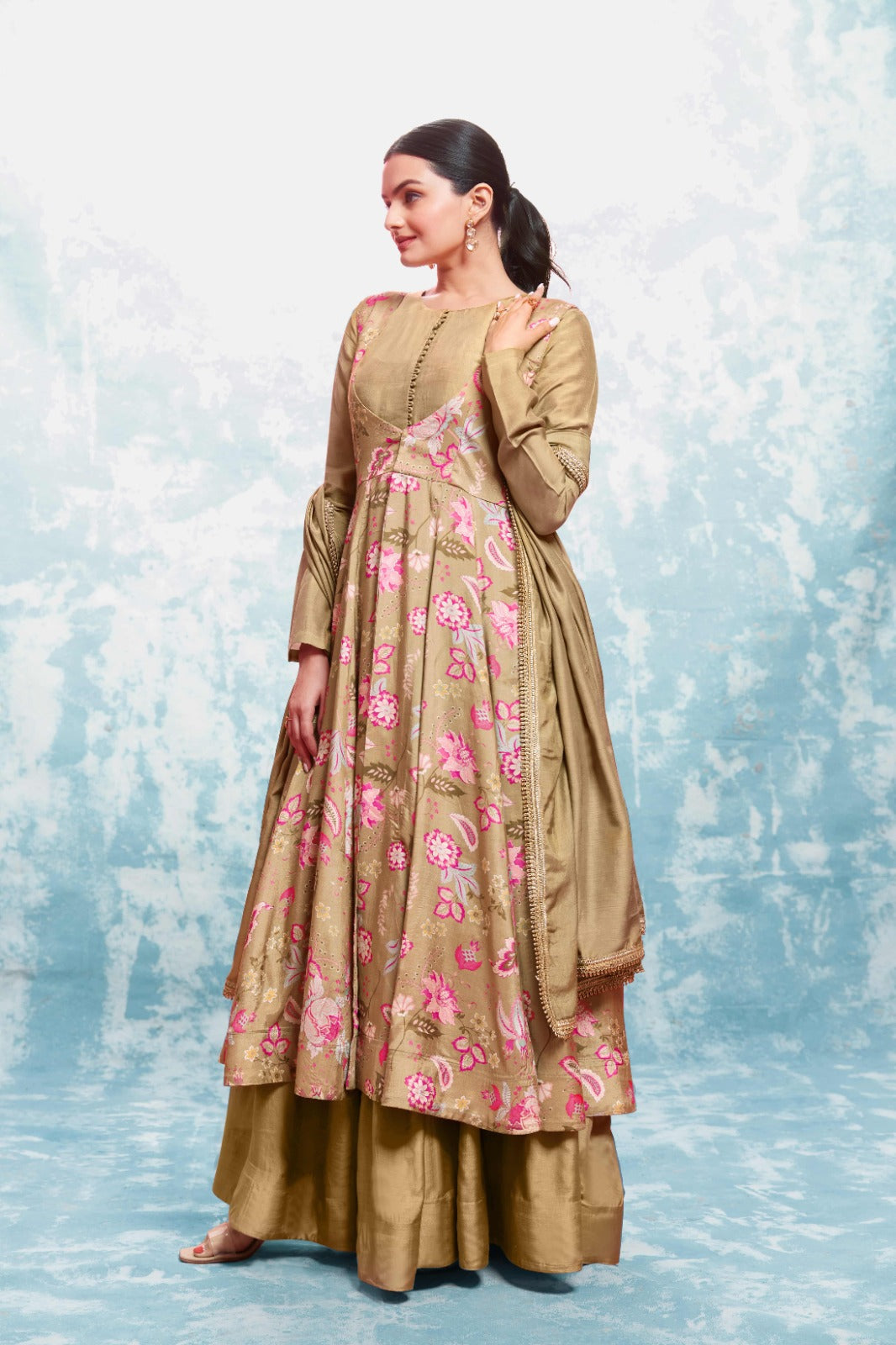 ClothsVilla Chic Olive Muslin Dress with Printed Work and Georgette Dupatta – Ready to Wear - view 8