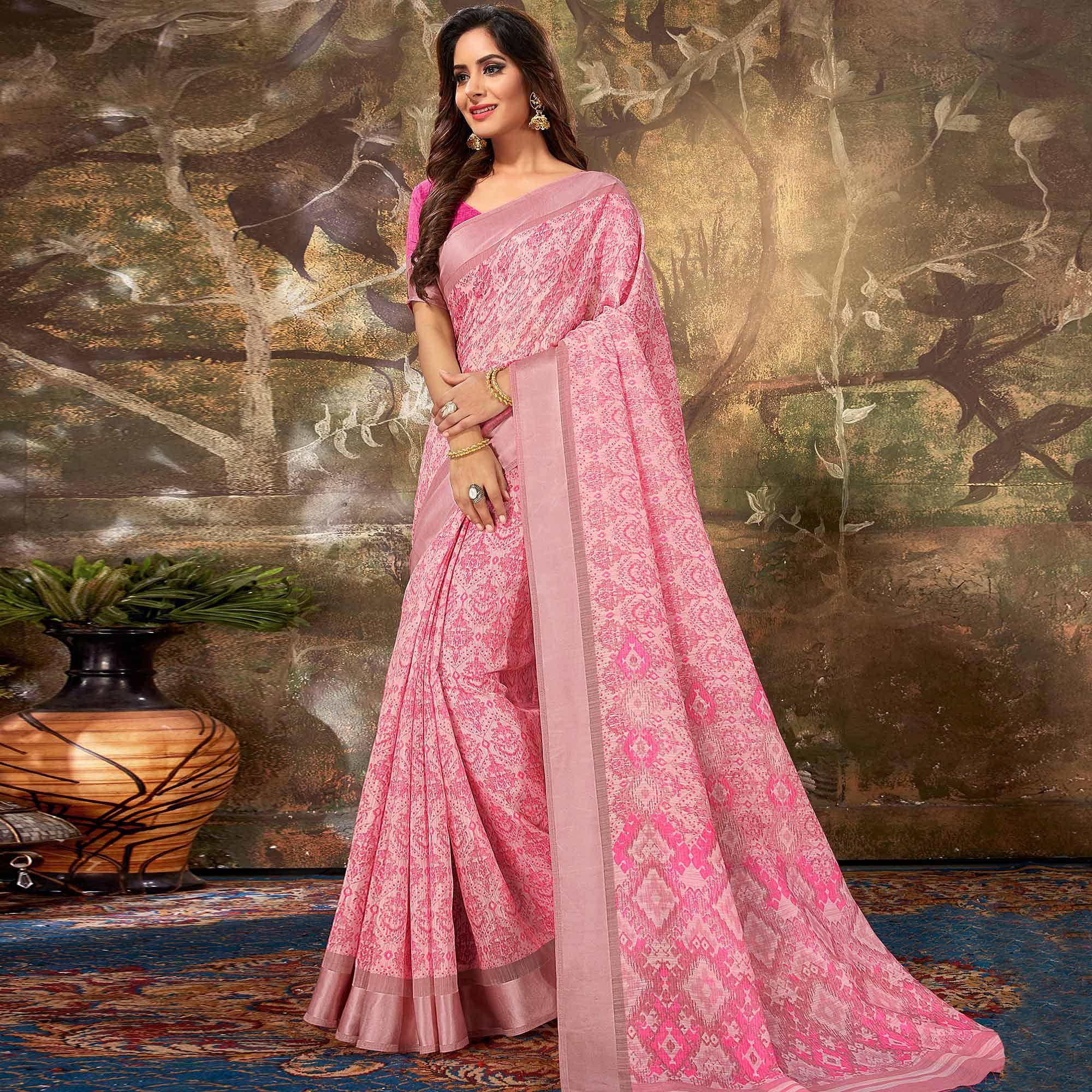 Peachmode Exclusive Pink Colored Casual Wear Printed Cotton Saree