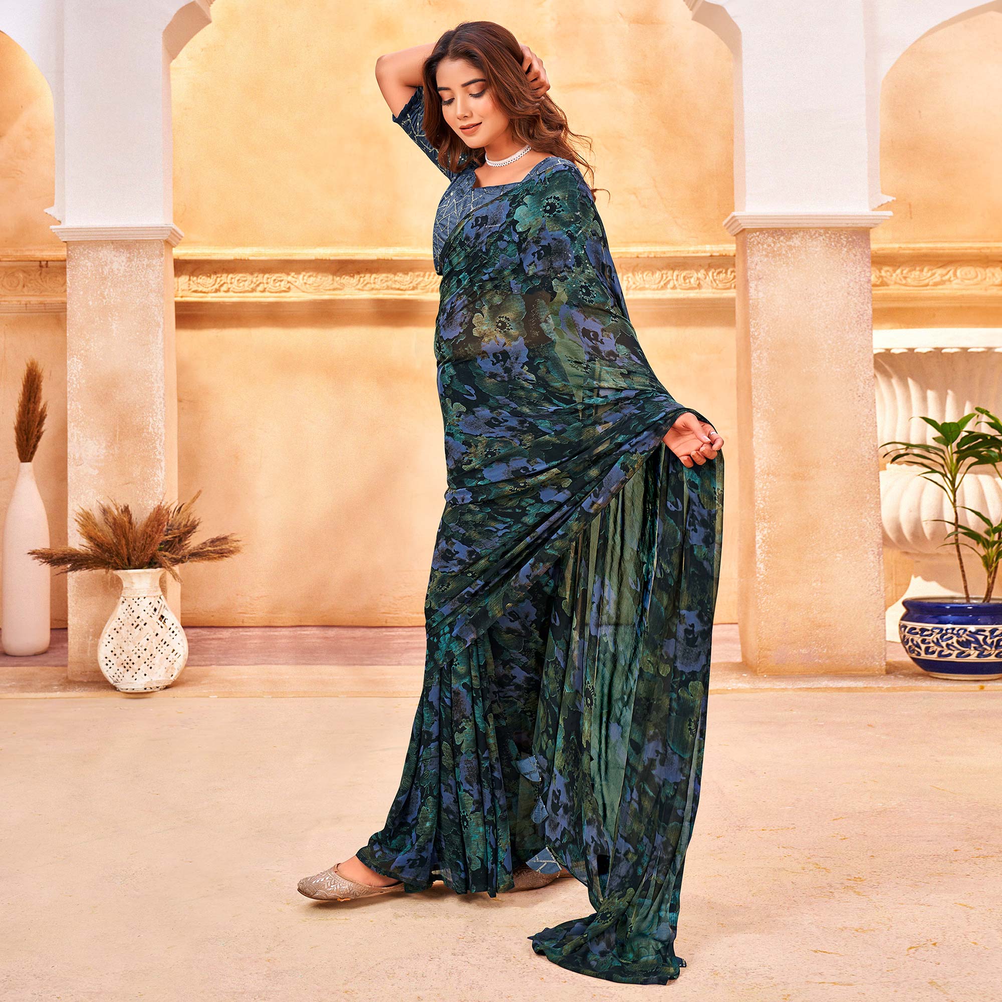 Peachmode Multicolor Floral Printed Georgette Saree With Tassels