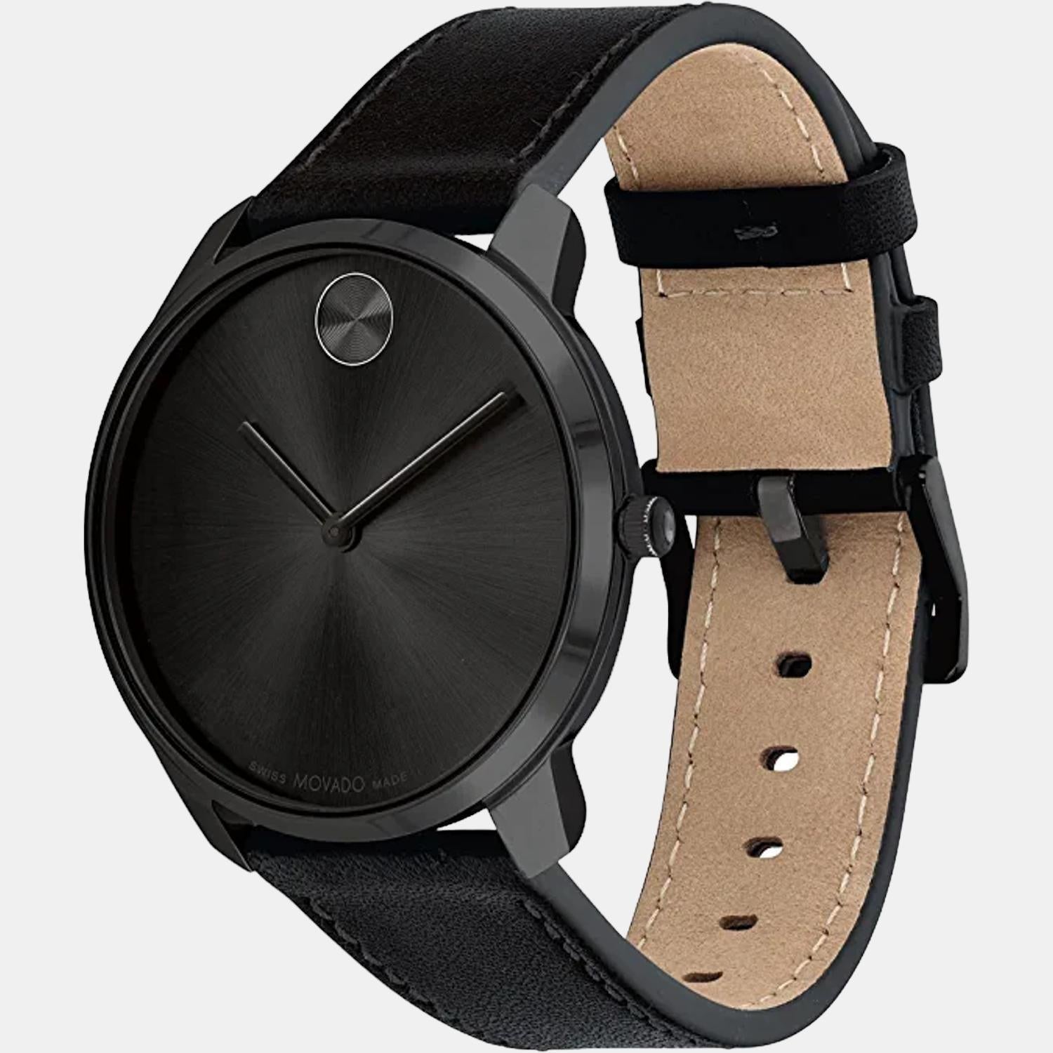 Movado Bold Thin Men Quartz Black Dial Analog Leather Watch 3600831 - view 2