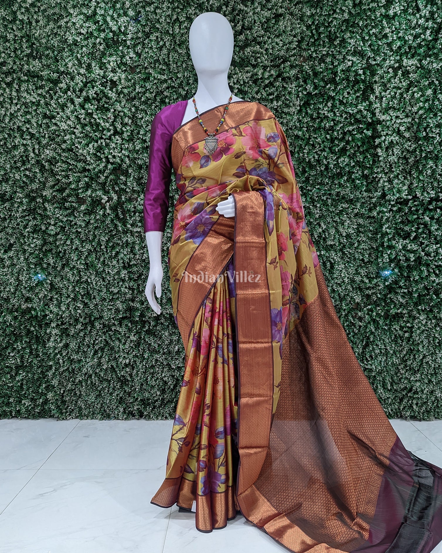 IndianVillèz Yellow Floral Digital Print Kanjivaram Silk Saree