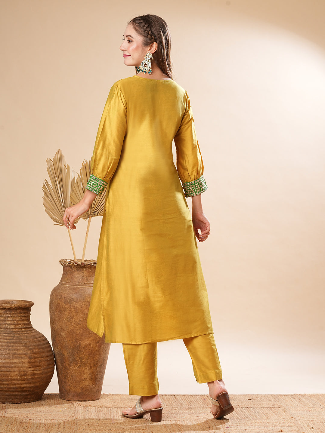 Fashor Solid Two-Toned Mirror, Zari & Applique Embroidered Kurta with Pants Set - Yellow - view 6