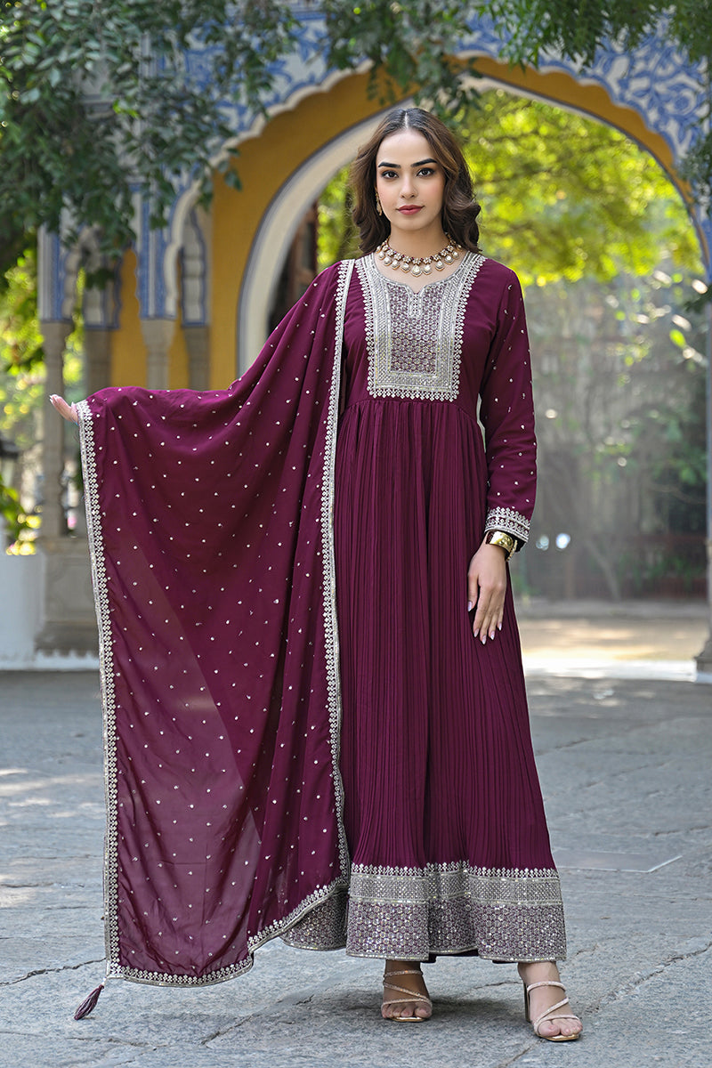 Ahika Magenta Georgette Solid Yoke Design Sequined Anarkali Kurta dupatta Set VKSET1480 - view 5