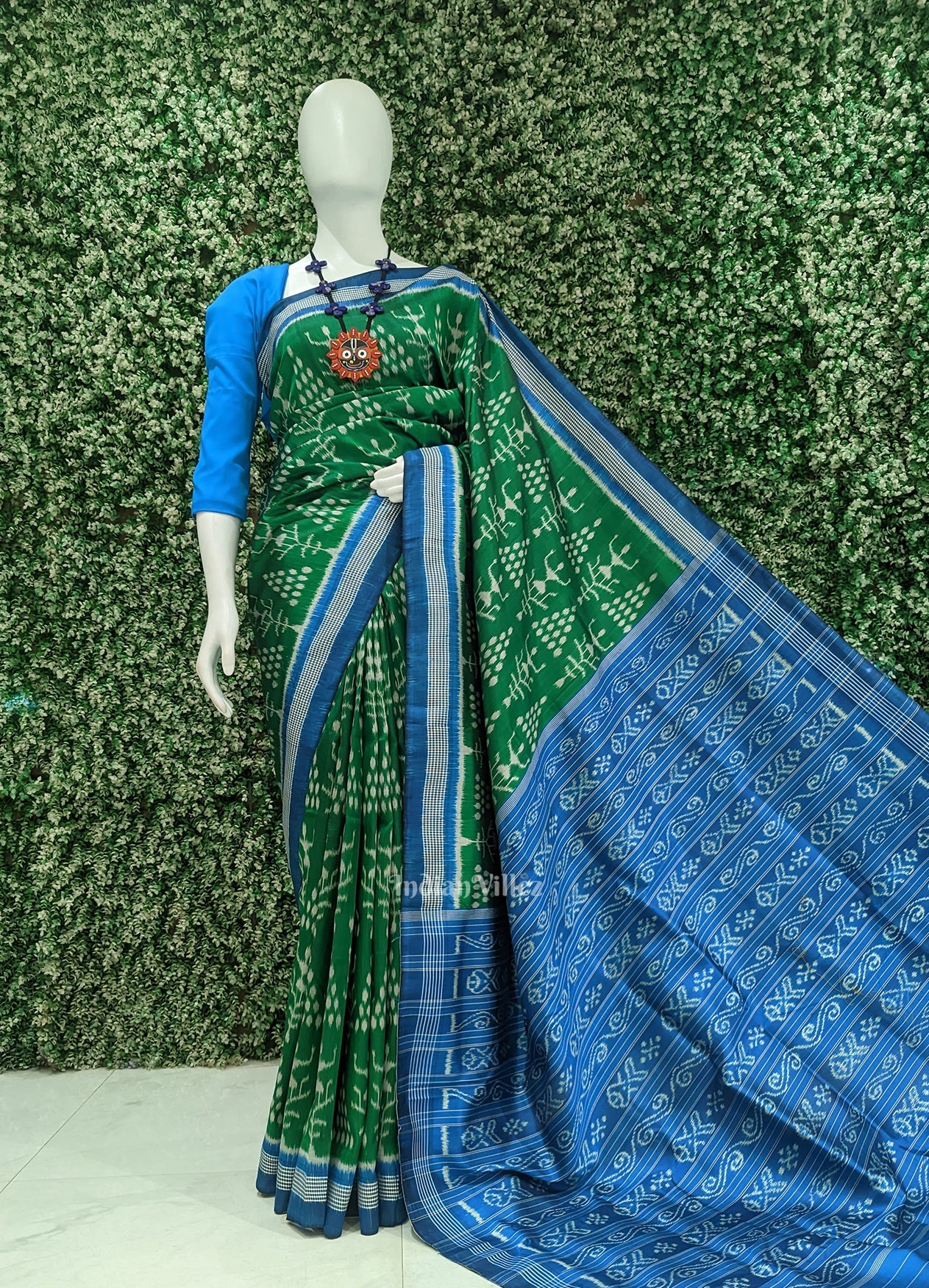 IndianVillèz Green Blue Tribal Theme Contemporary Designer Silk Saree