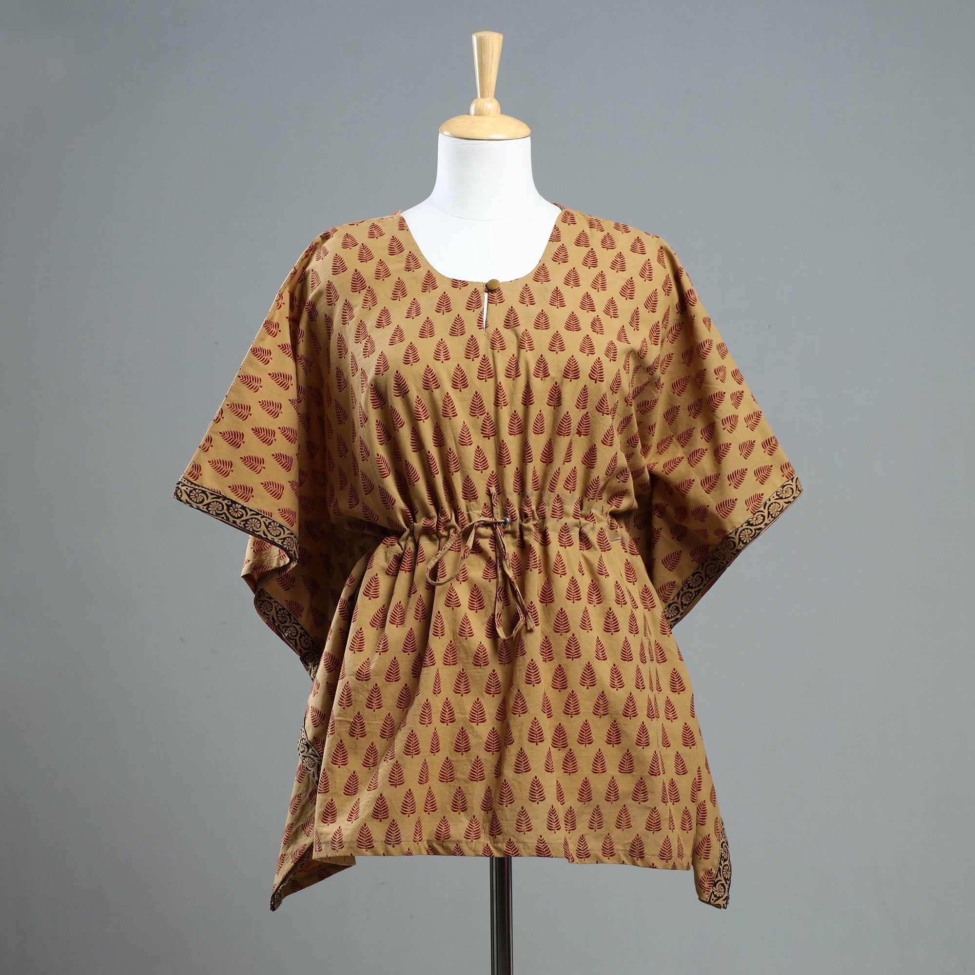 ITOKRI CASUALS Brown - Bagh Block Printed Cotton Kaftan with Tie-Up Waist (Short)