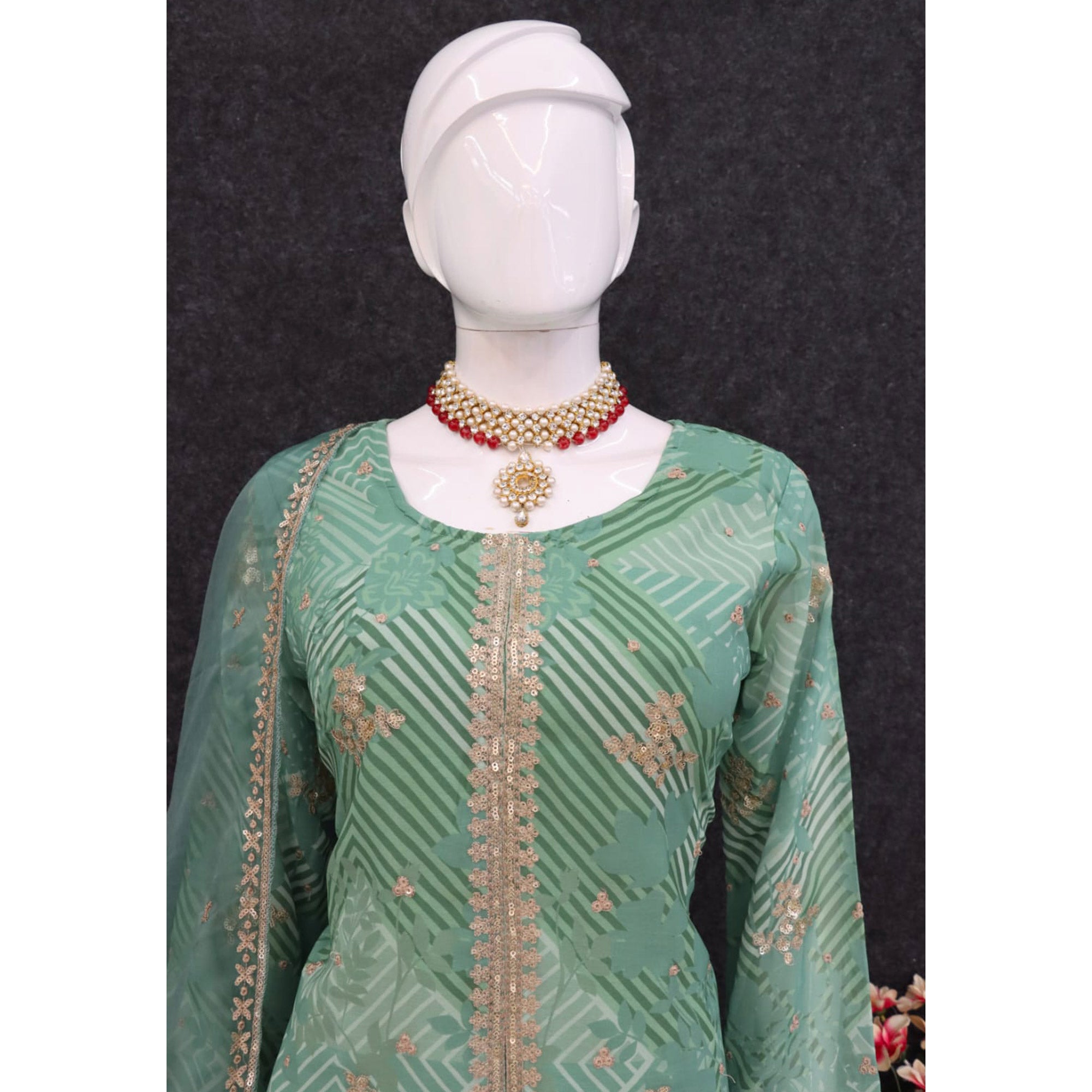 Peachmode Seller Dusty Green Sequins Embroidered Georgette Sharara Suit - view 4
