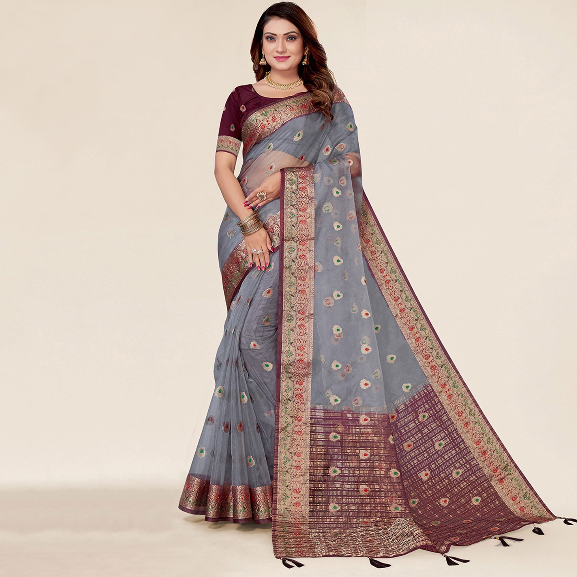 Peachmode Grey Woven Organza Saree With Tassels