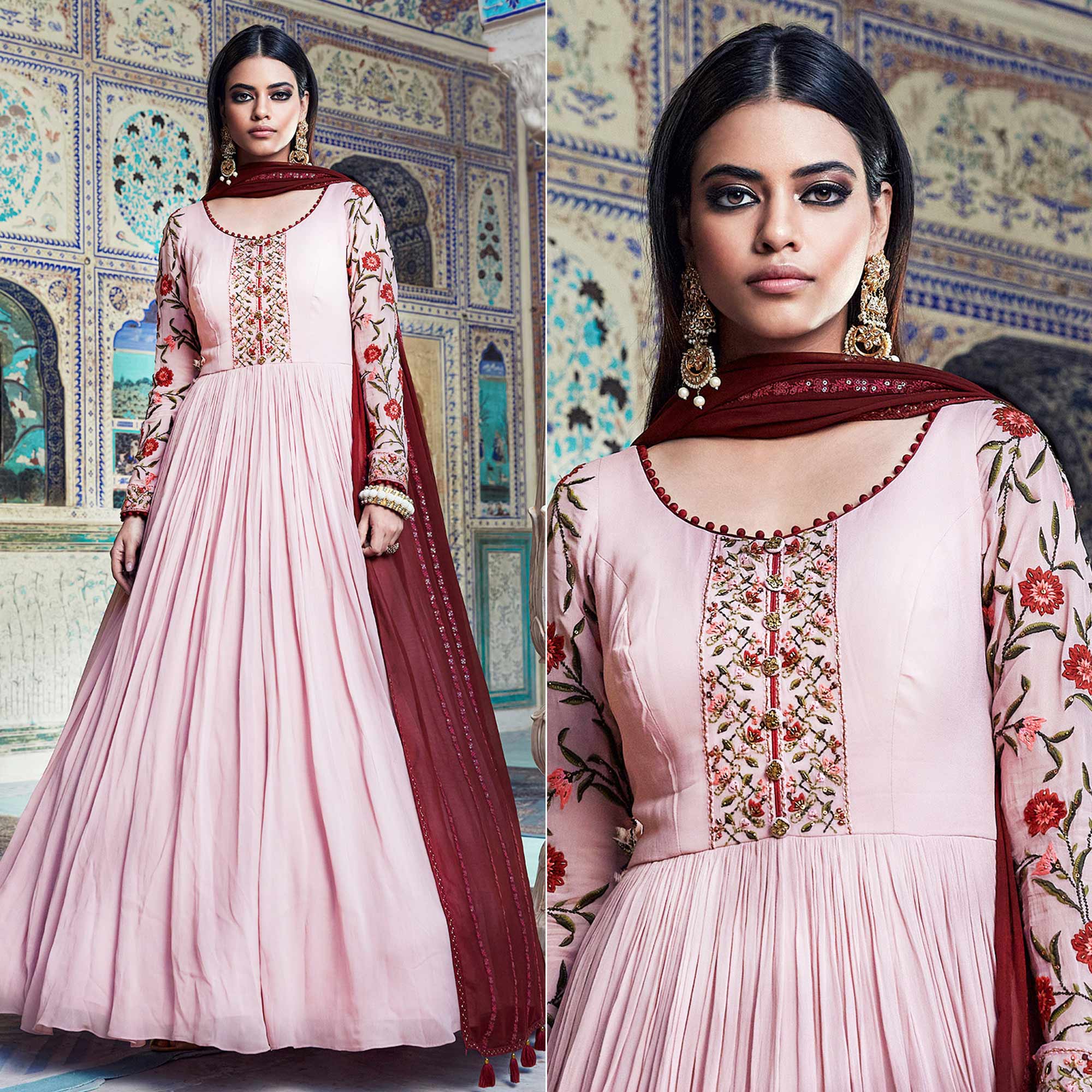 Peachmode Seller Light Pink Floral Embroidered Georgette Gown