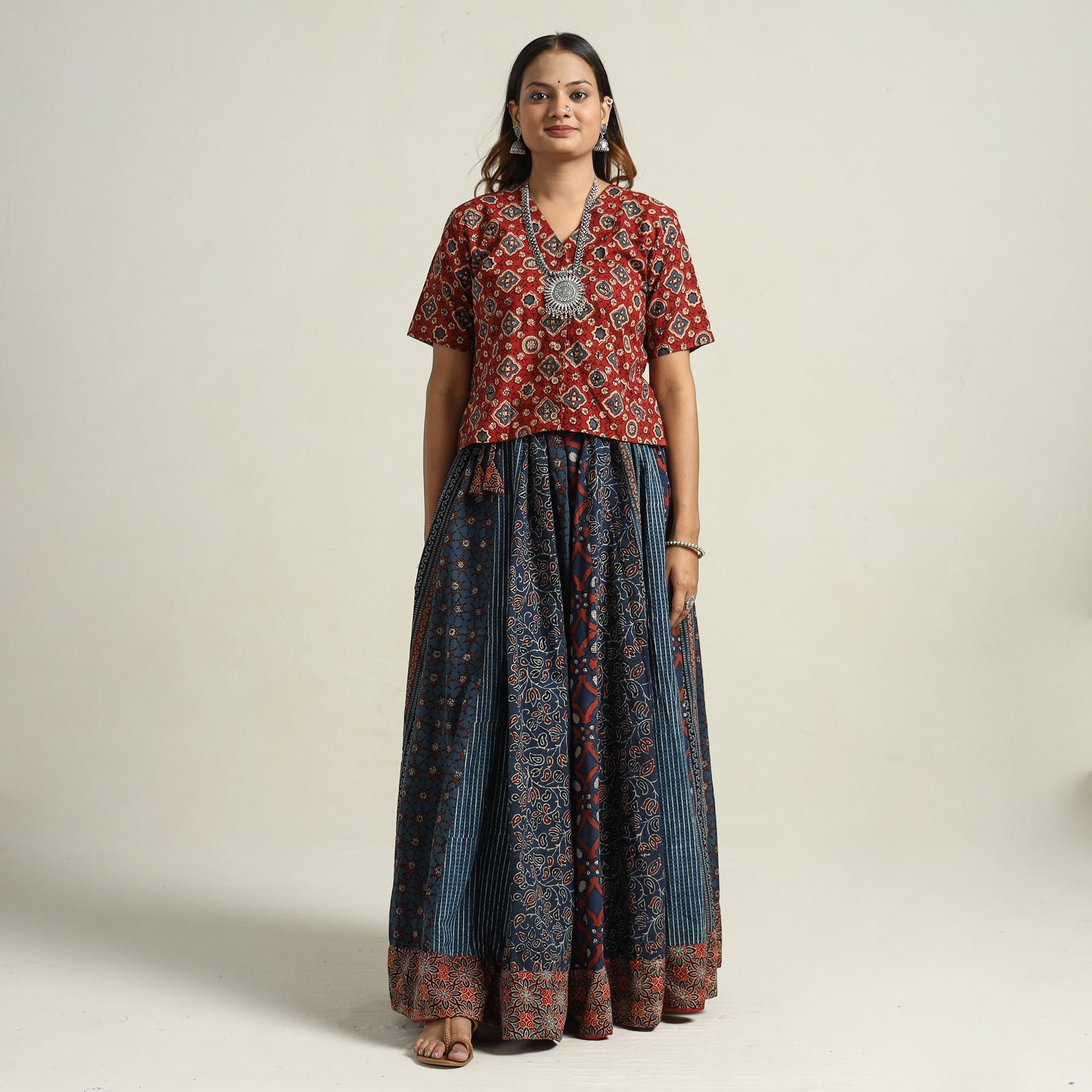 NOORI BAZAR Blue - Ajrakh Block Printed 24 Kali Patchwork Cotton Long Skirt 35