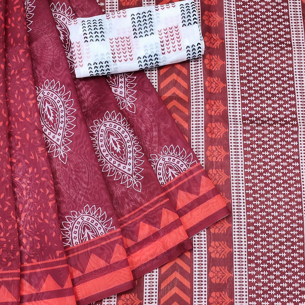 Peachmode Maroon Casual Wear Printed Chanderi Saree - view 2