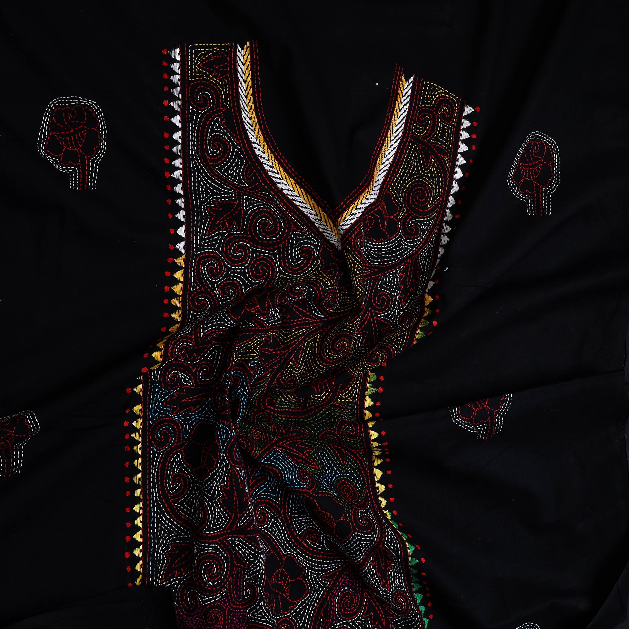 KHUSHBASH - HAPPY LOOM OF EAST Black - Bengal Kantha Embroidery Cotton Kurta Material - (2.75m) 22 - view 2