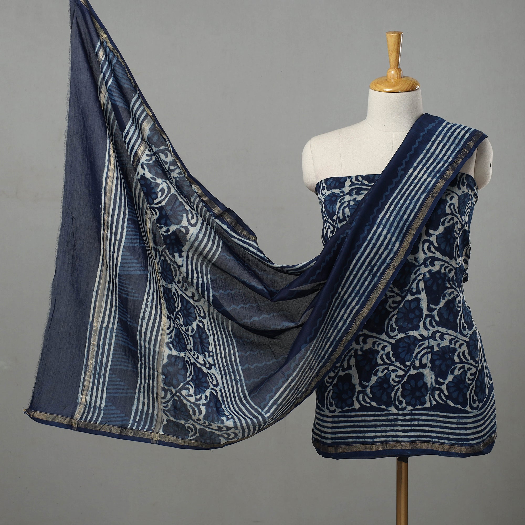 ARTISAN HAND BLOCK PRINTS Blue - 3pc Chanderi Silk Indigo Bagru Print Dress Material 04