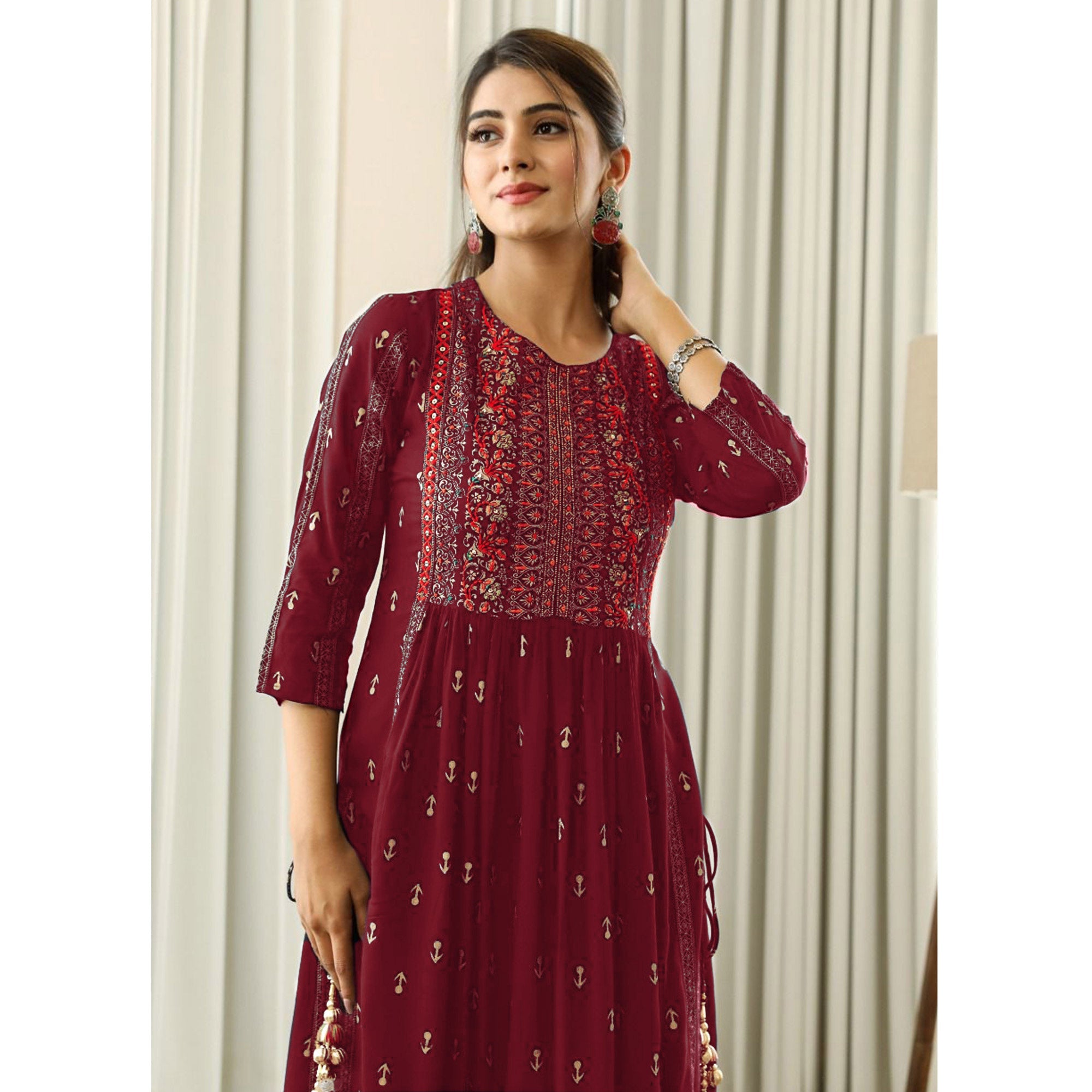 Peachmode Maroon Printed With Embroidered Rayon Naira Cut Kurti - view 7