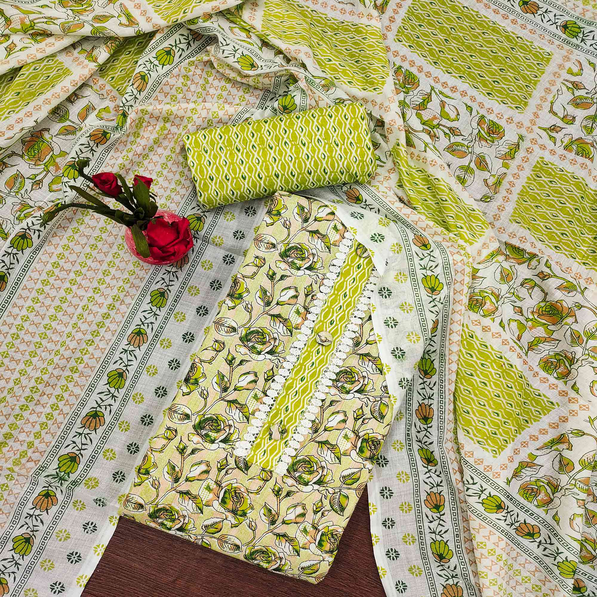 Green dresses – BlackTree green-floral-printed-cotton-blend-dress-material-3