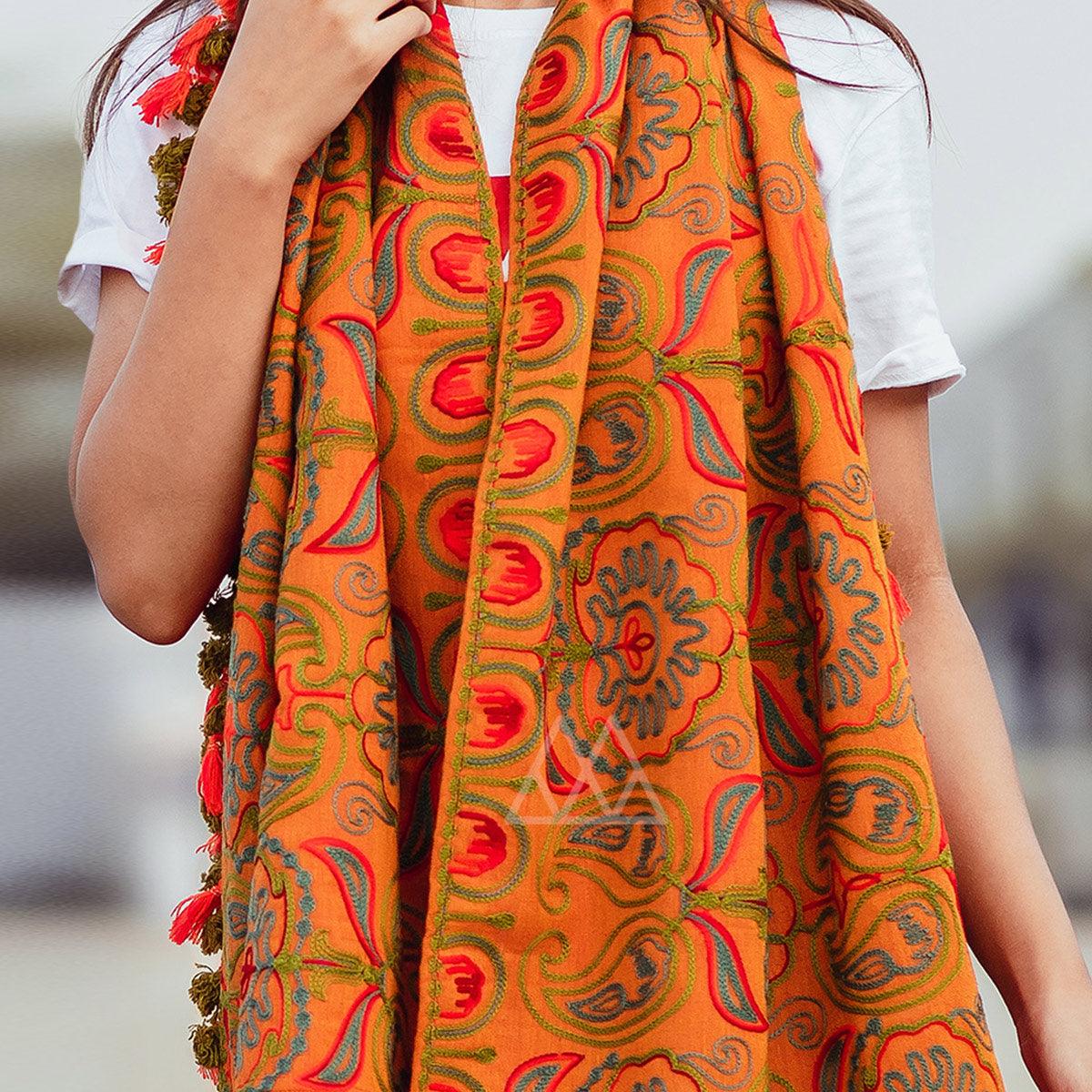 Peachmode Engrossing Orange Colored Embroidered Khadi Muffler Stole - view 2