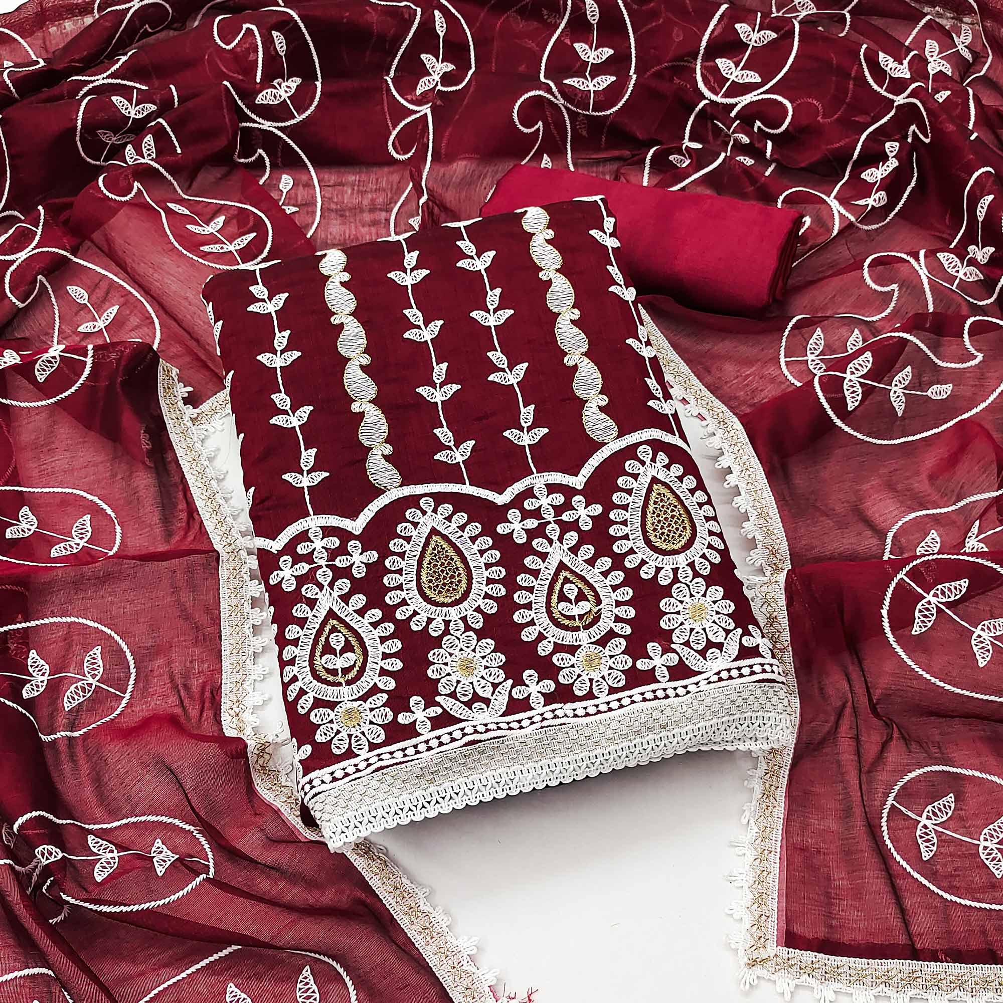 Peachmode Maroon Floral Embroidered Chanderi Cotton Dress Material