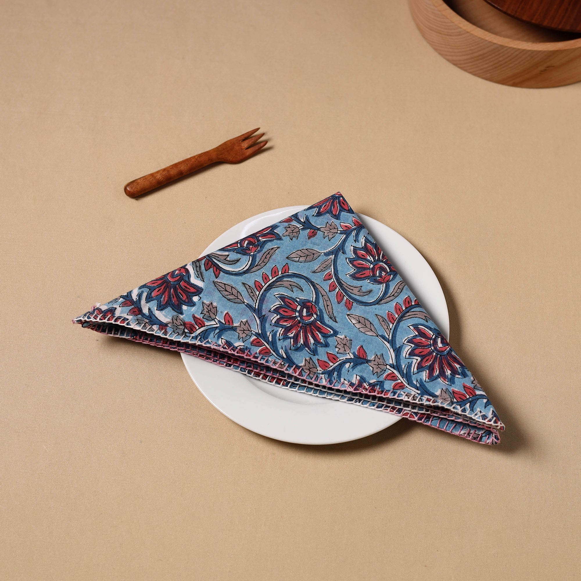 NOORI BAZAR Blue - Floral Sanganeri Block Print Cotton Table Napkin 08