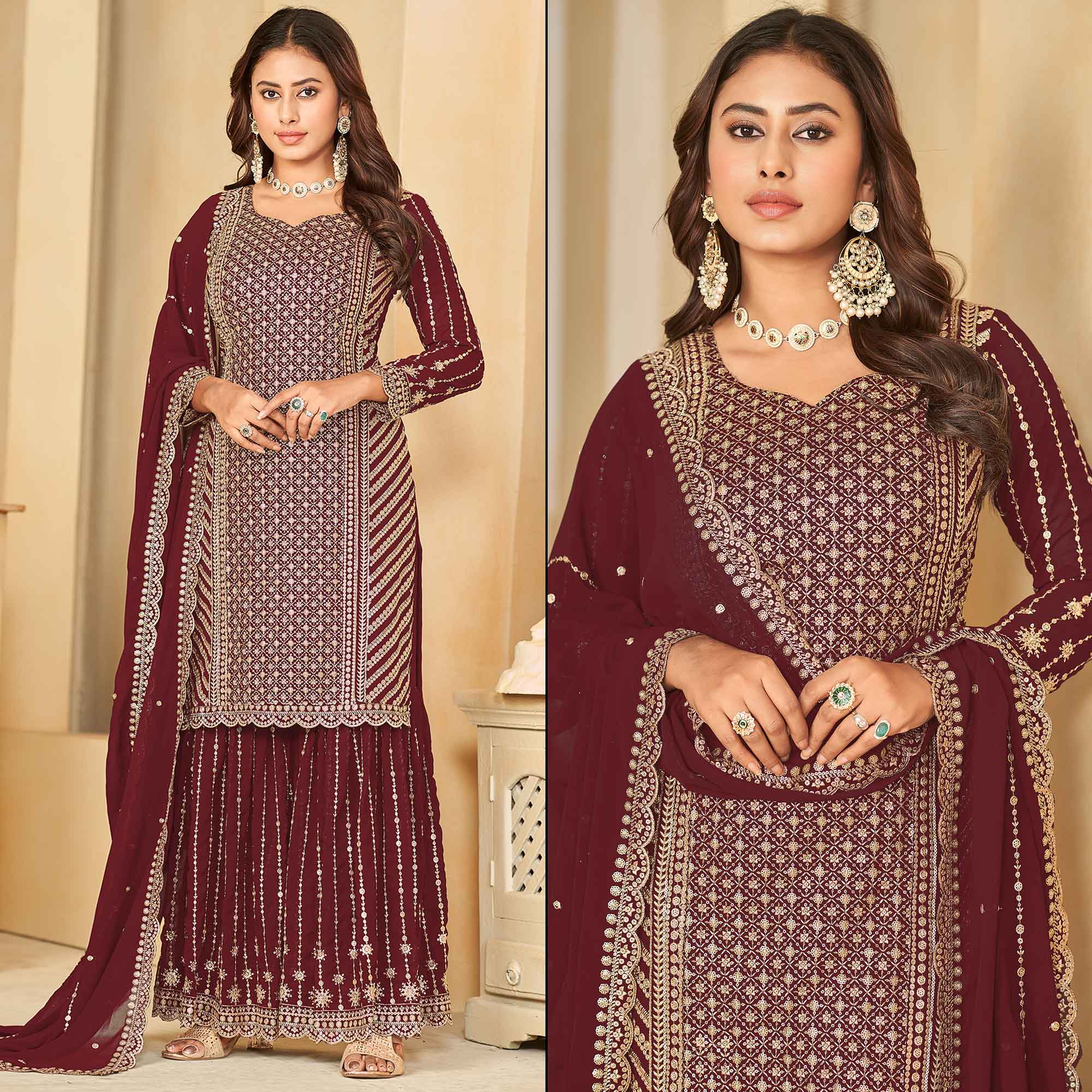 Peachmode Maroon Sequins Embroidered Georgette Semi Stithed Sharara Suit