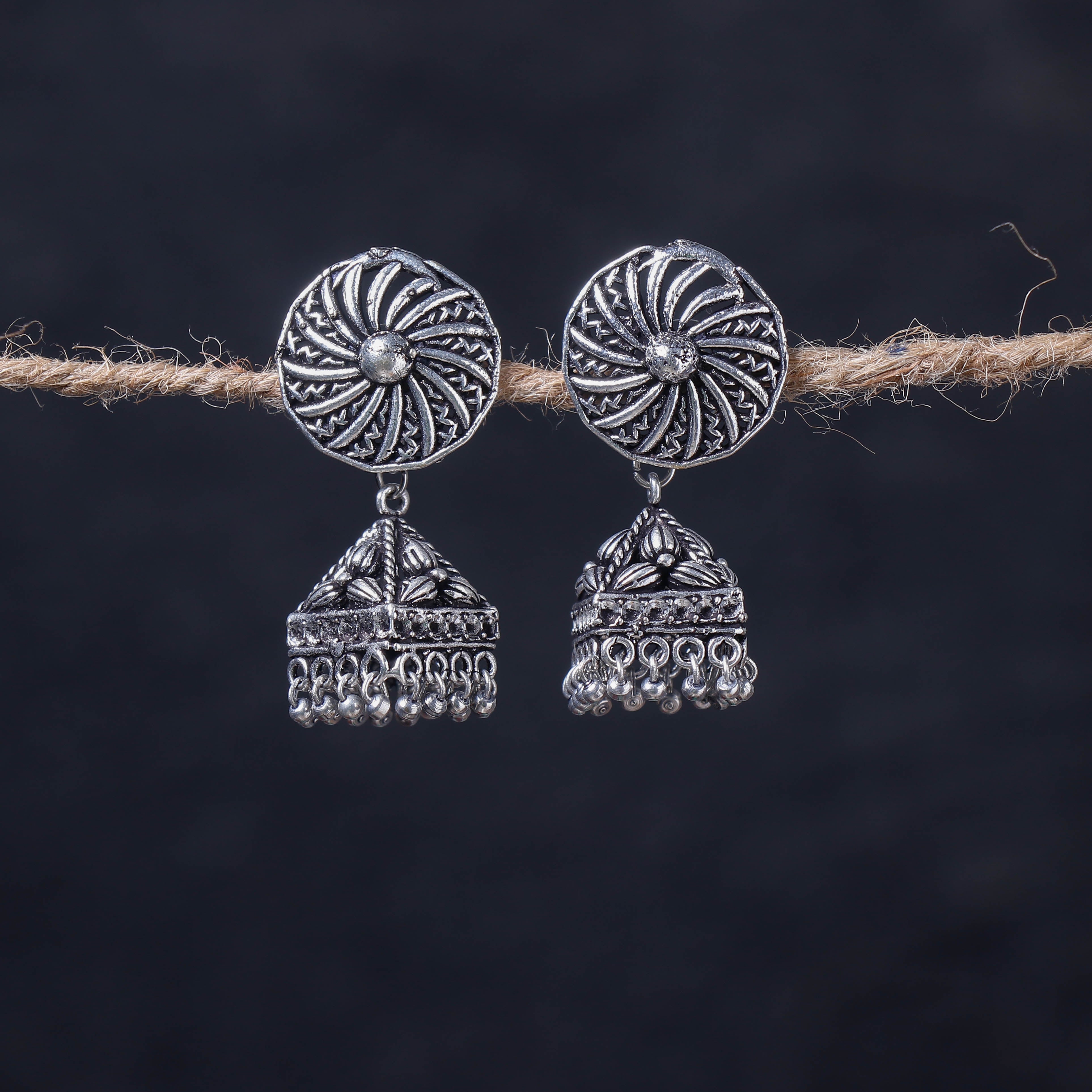 WHITE RIVER STORIES Antique Silver Finish Oxidised Brass Base Jhumka Earrings