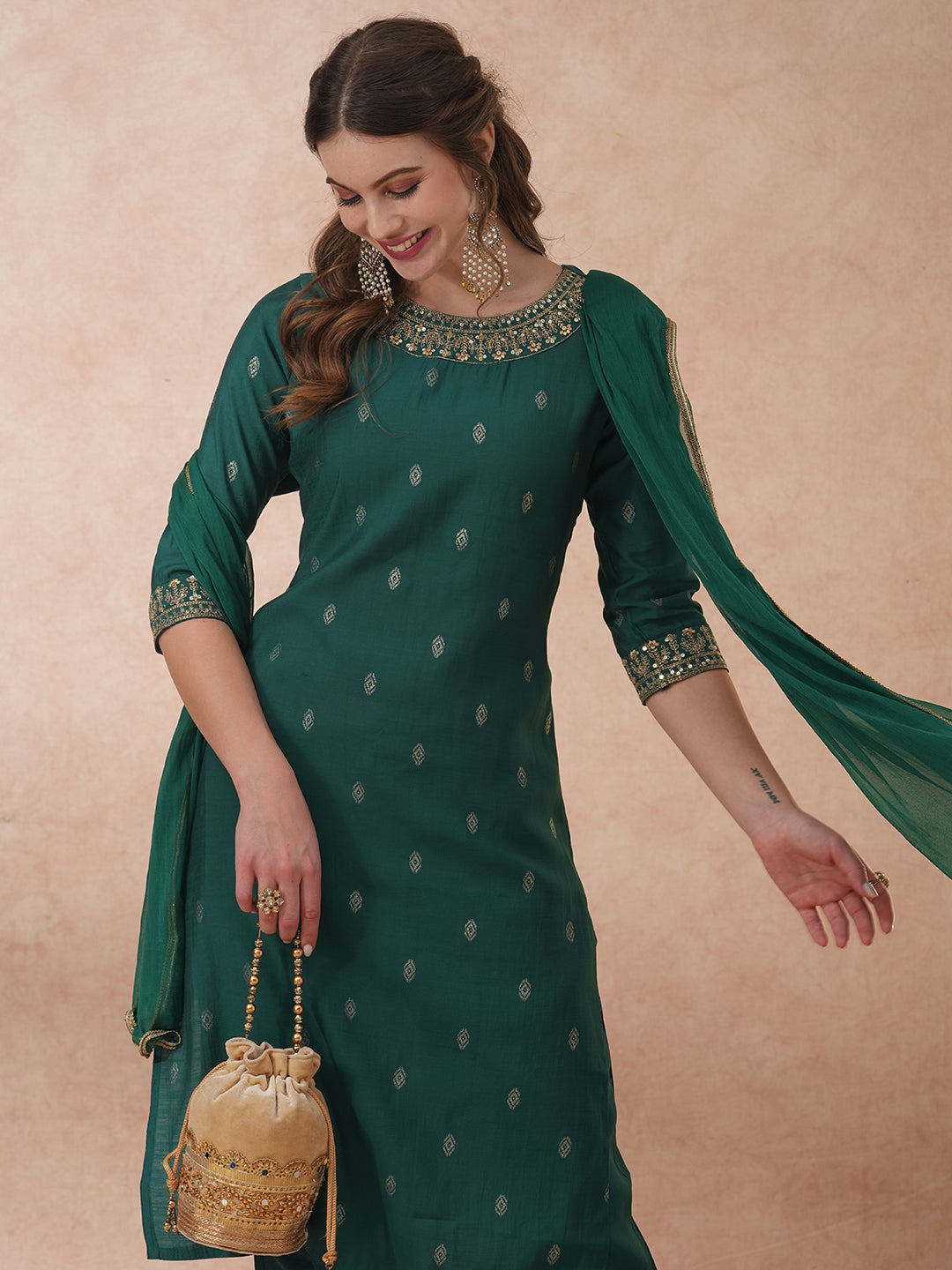 FASHOR Solid Ethnic Embroidered Straight Fit Kurta with Pant & Dupatta - Green - view 2
