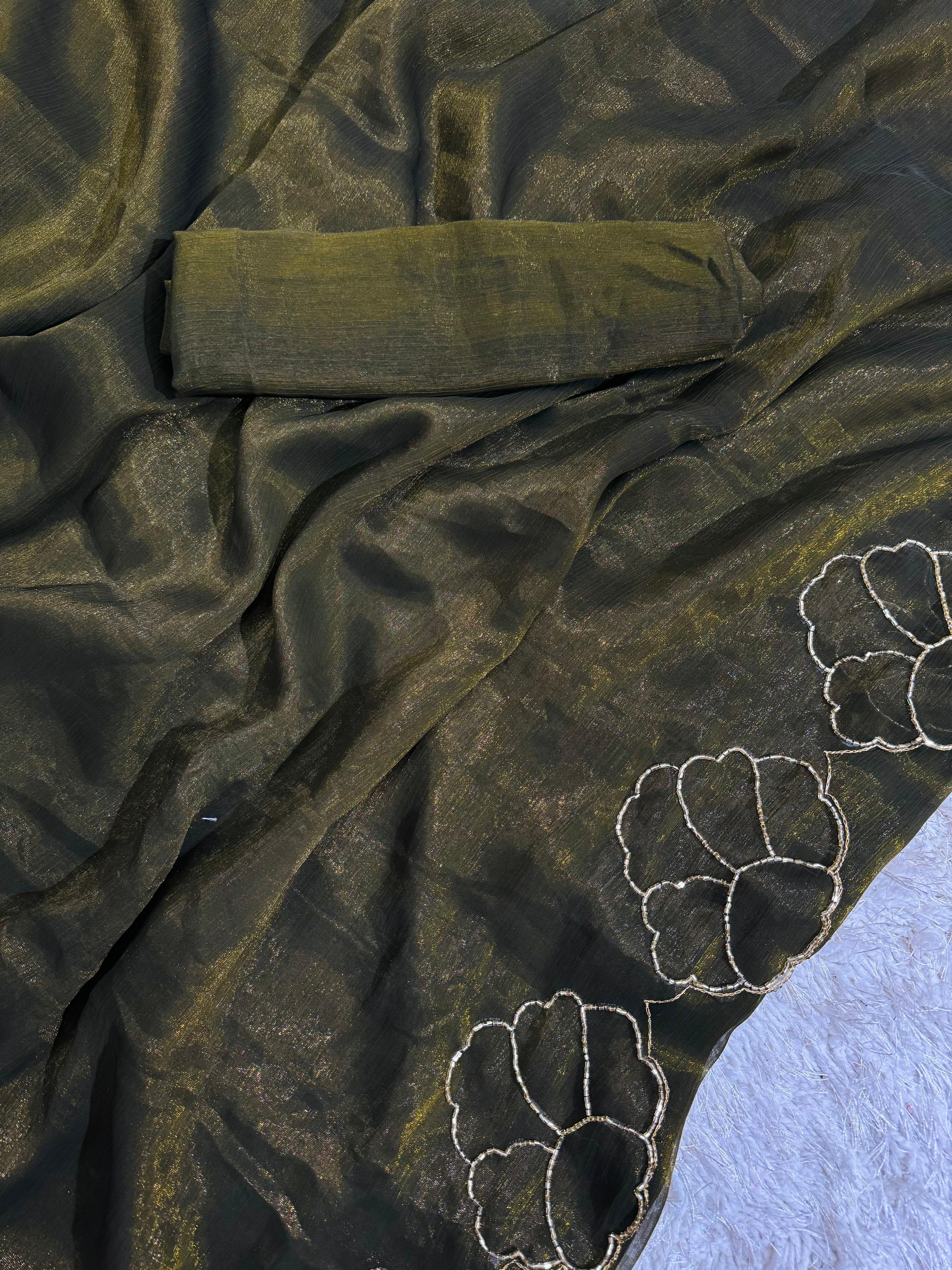 ClothsVilla Mehndi Green Lotus Jari Silk Saree with Exquisite Golden Handwork & Running Blouse - view 5