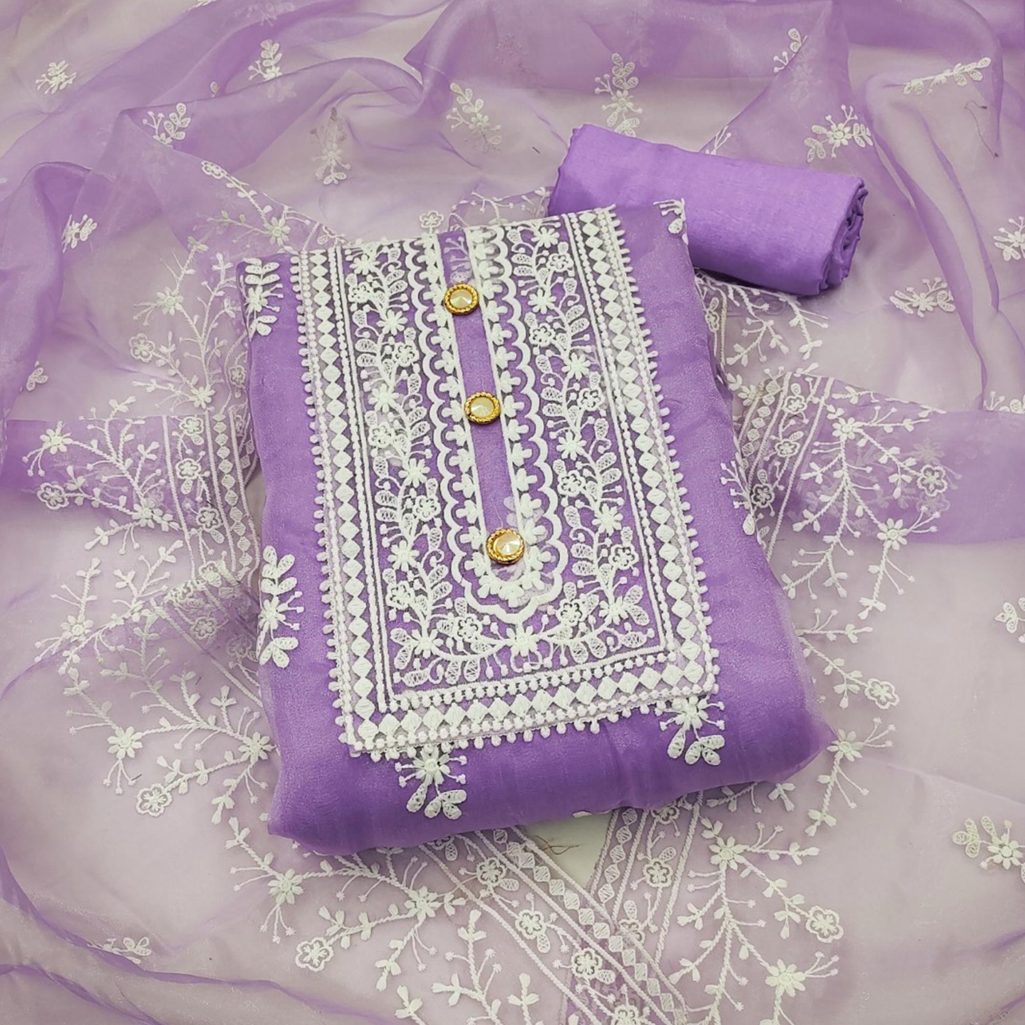 Peachmode Lavender Floral Embroidered Organza Dress Material