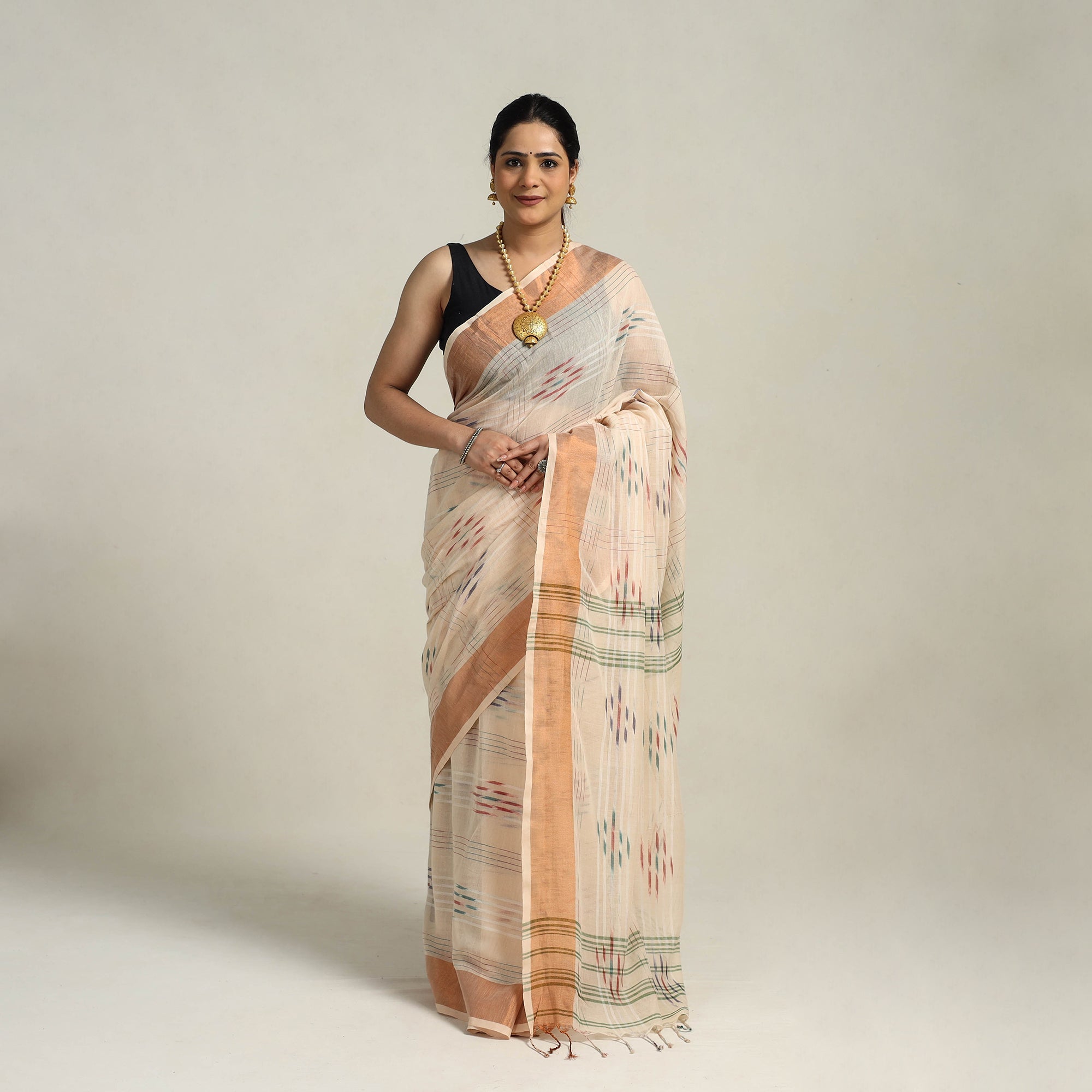 SASHA Beige - Phulia Handloom Cotton Saree with Zari Border 05