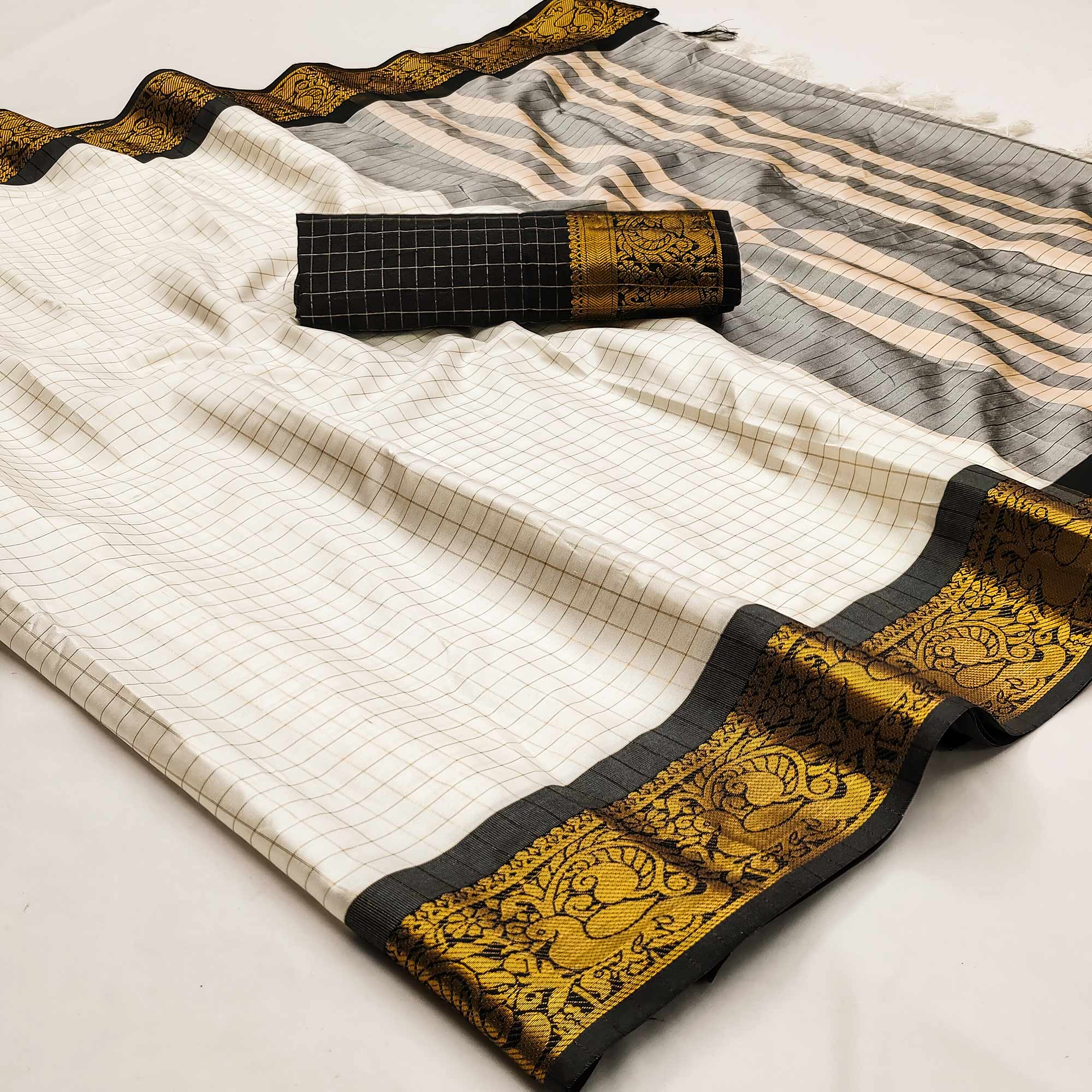Peachmode Cream And Black Woven Cotton Silk Saree With Tassels