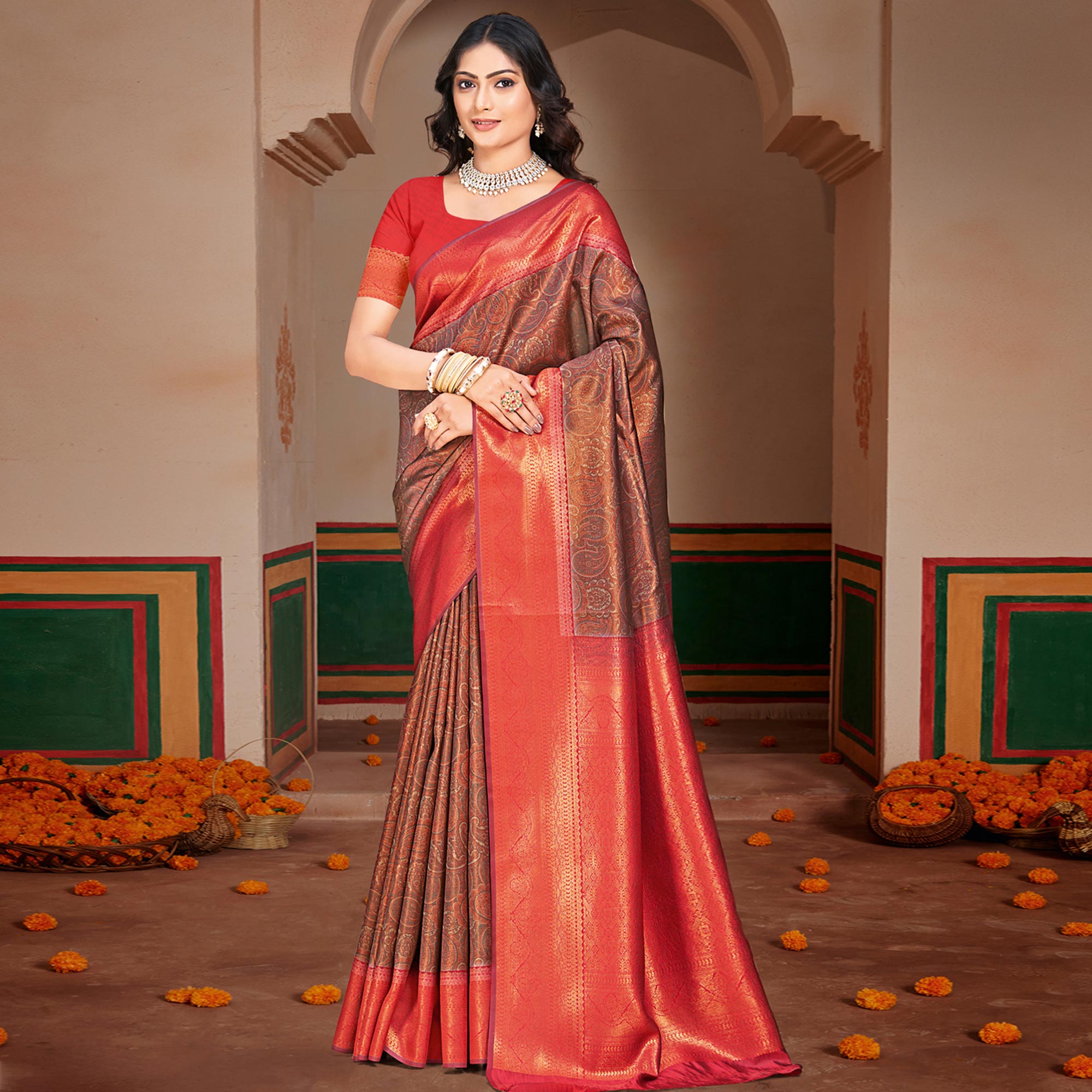 Peachmode Brown & Red Woven Vichitra Silk Saree With Tassels