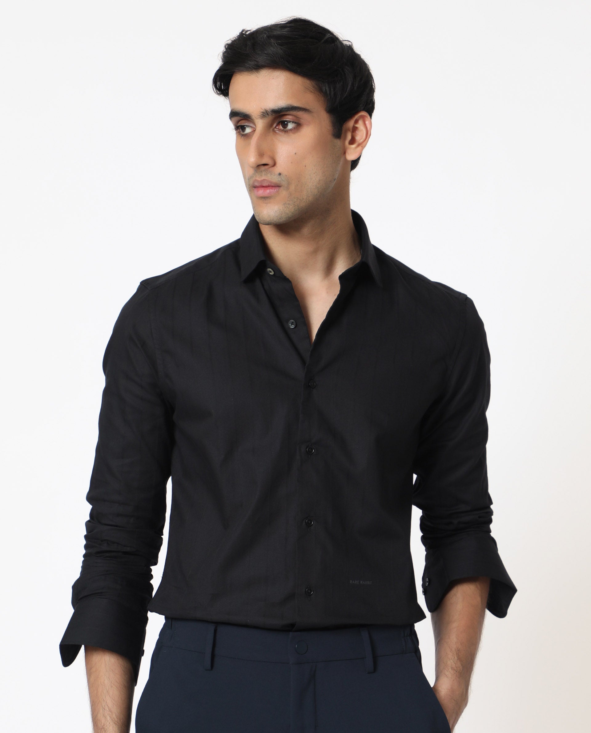 Rare Rabbit Men's Gazan Black Shirt Cotton Fabric Full Sleeves Slim Fit