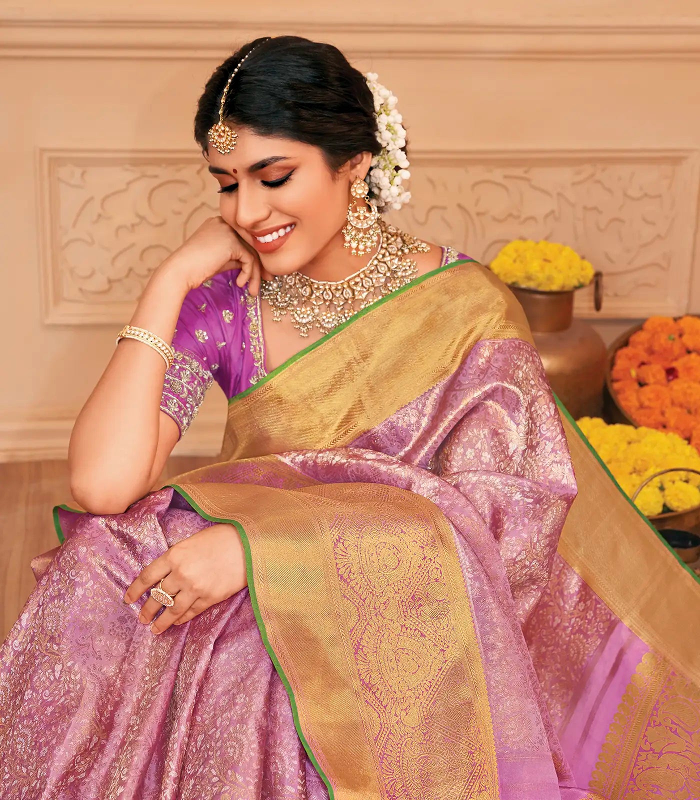 RmKV Silks Bubblegum Pink Handloom Kanchipuram Silk Saree With Floral Zari Motifs - view 2