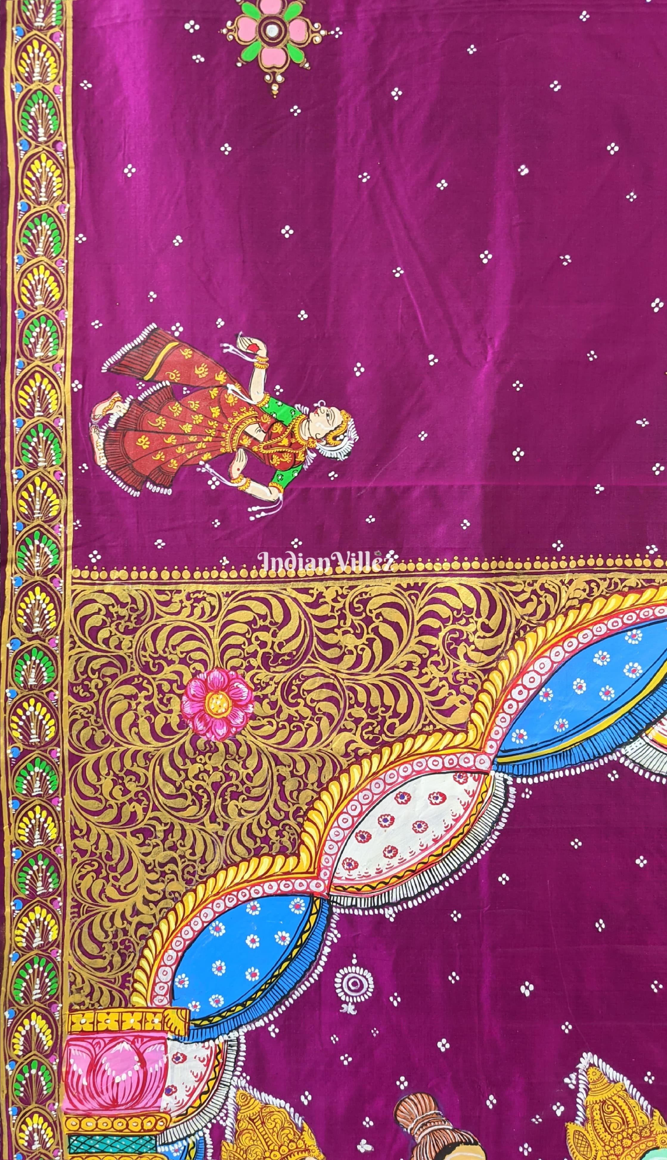 IndianVillèz Wine Color Ram Sita Vivah Theme Hand-Painted Pattachitra Saree - view 3