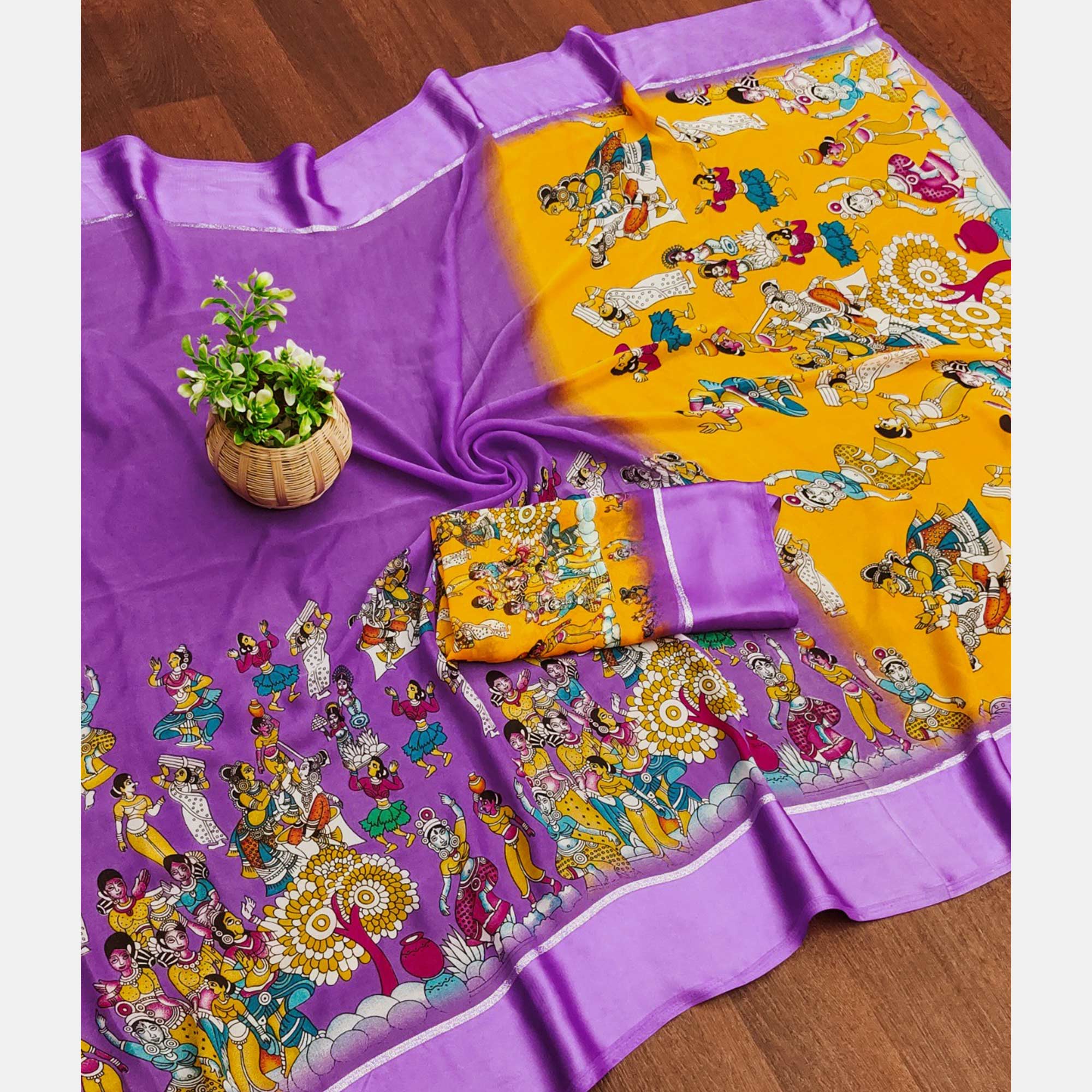 Peachmode Lavender Printed Georgette Saree With Satin Border - view 6