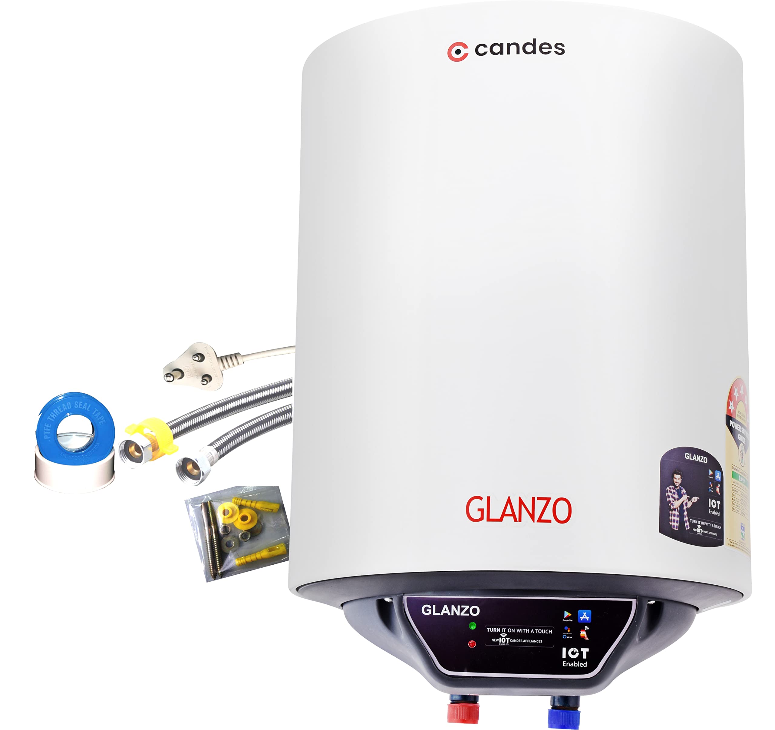 Candes 10 Litre IOT Enabled Glanzo Glassline ISI Approved Storage Electric Water Heater (Geyser) 5 Star Rated with Installation Kit & Special Anti Rus