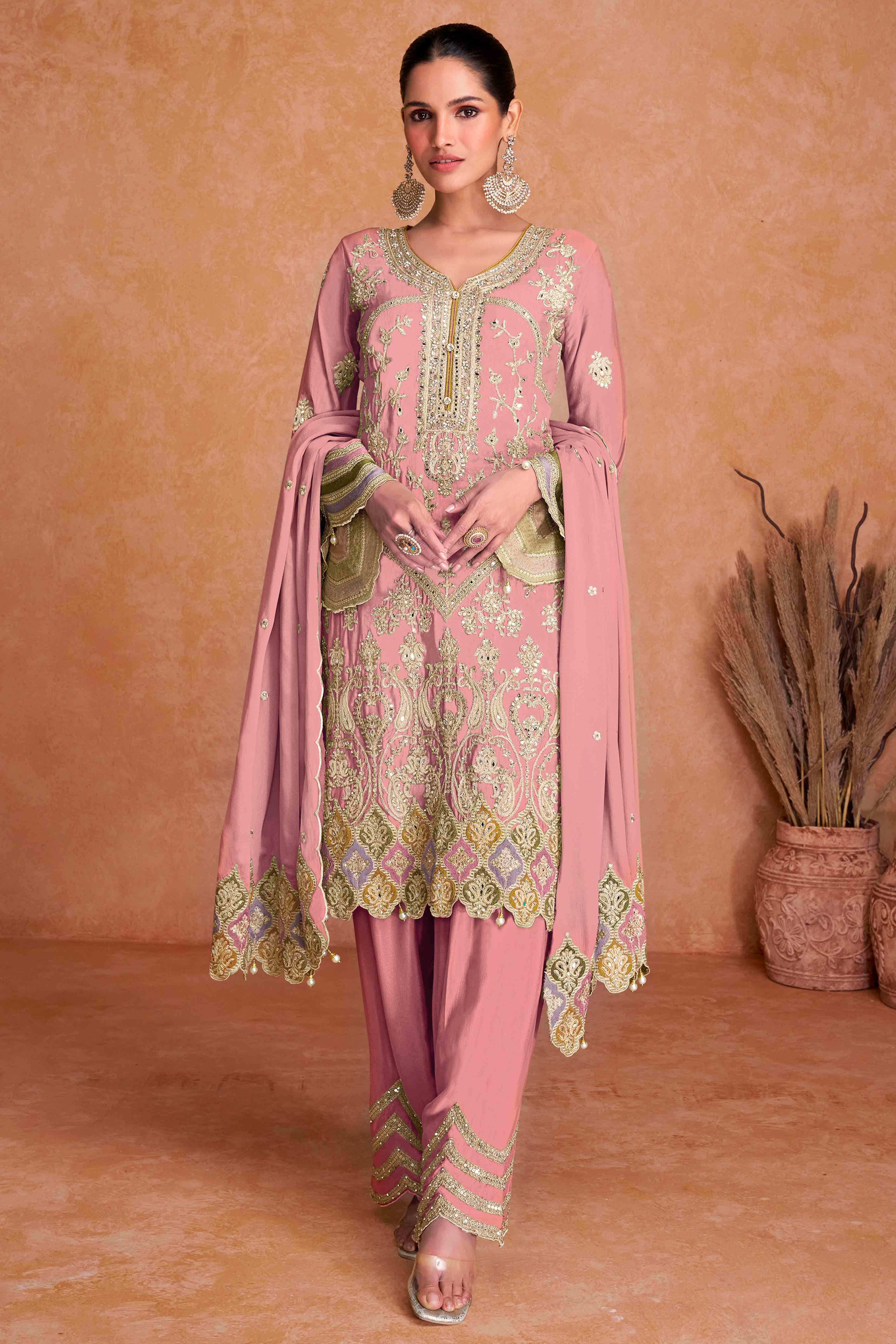 Peachmode Seller Gajari Pink Floral Sequins Embroidered Chinon Palazzo Suit