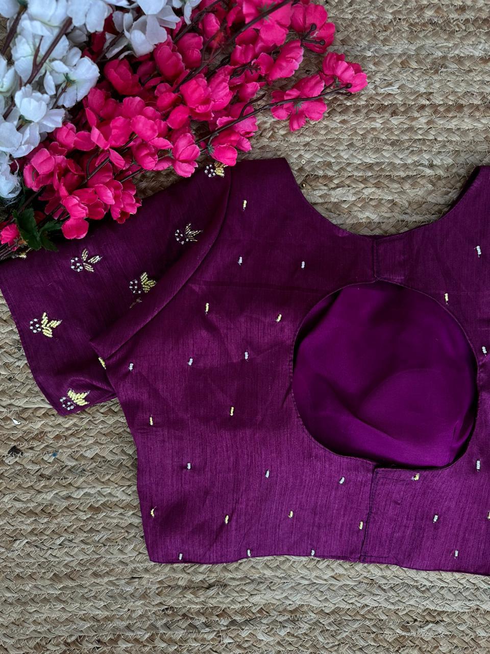ClothsVilla Purple Pearl-Embellished german silk Blouse with Handcrafted Golden Work