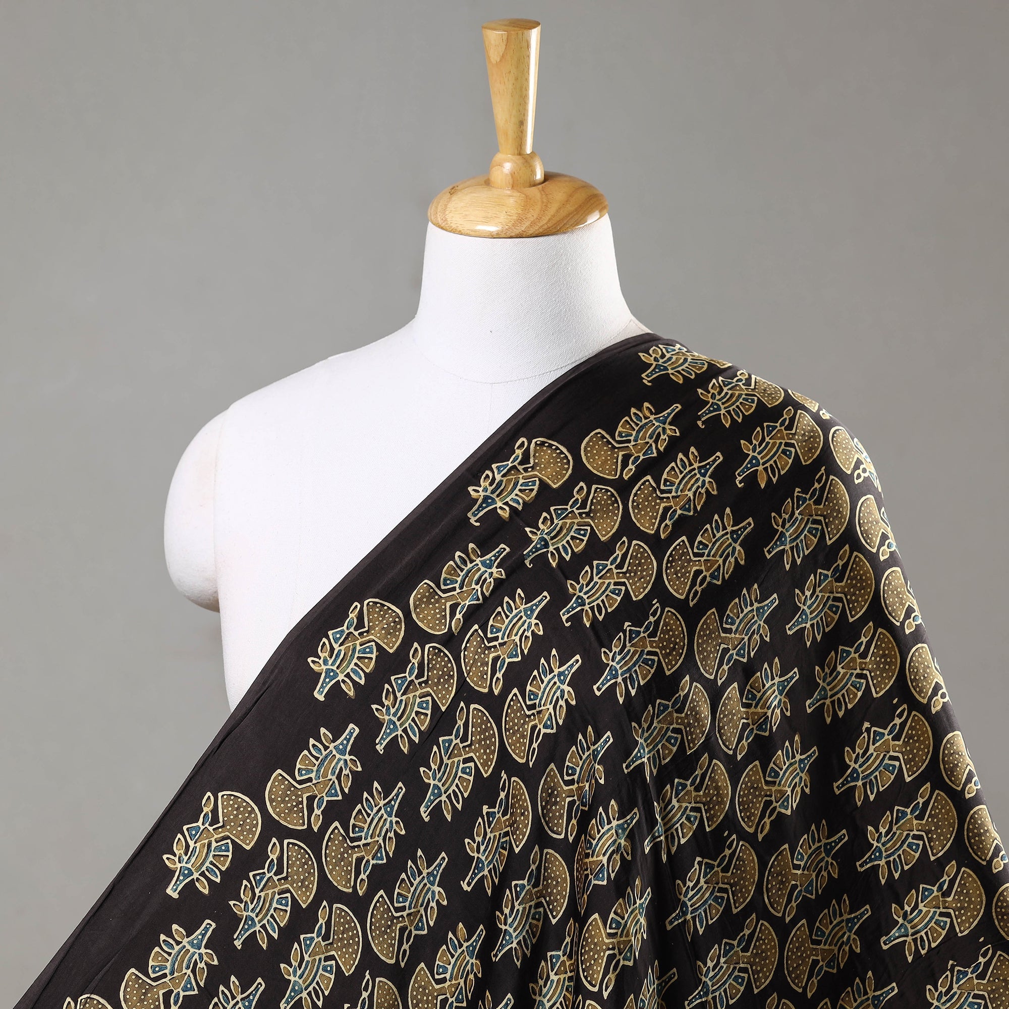 RIYAZ ABDULMAJID KHATRI - AJRAKH Black - Yellow Butta's On Black Ajrakh Hand Block Printed Modal Silk Fabric