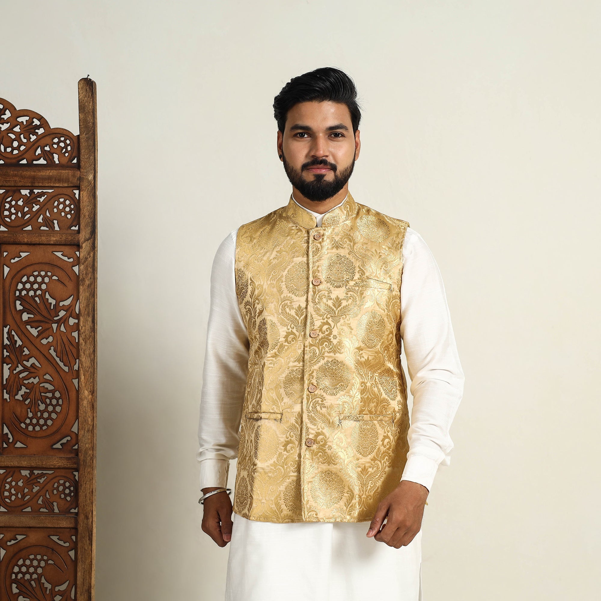 ITOKRI CASUALS Beige - Brocade Silk Banarasi Nehru Jacket 05