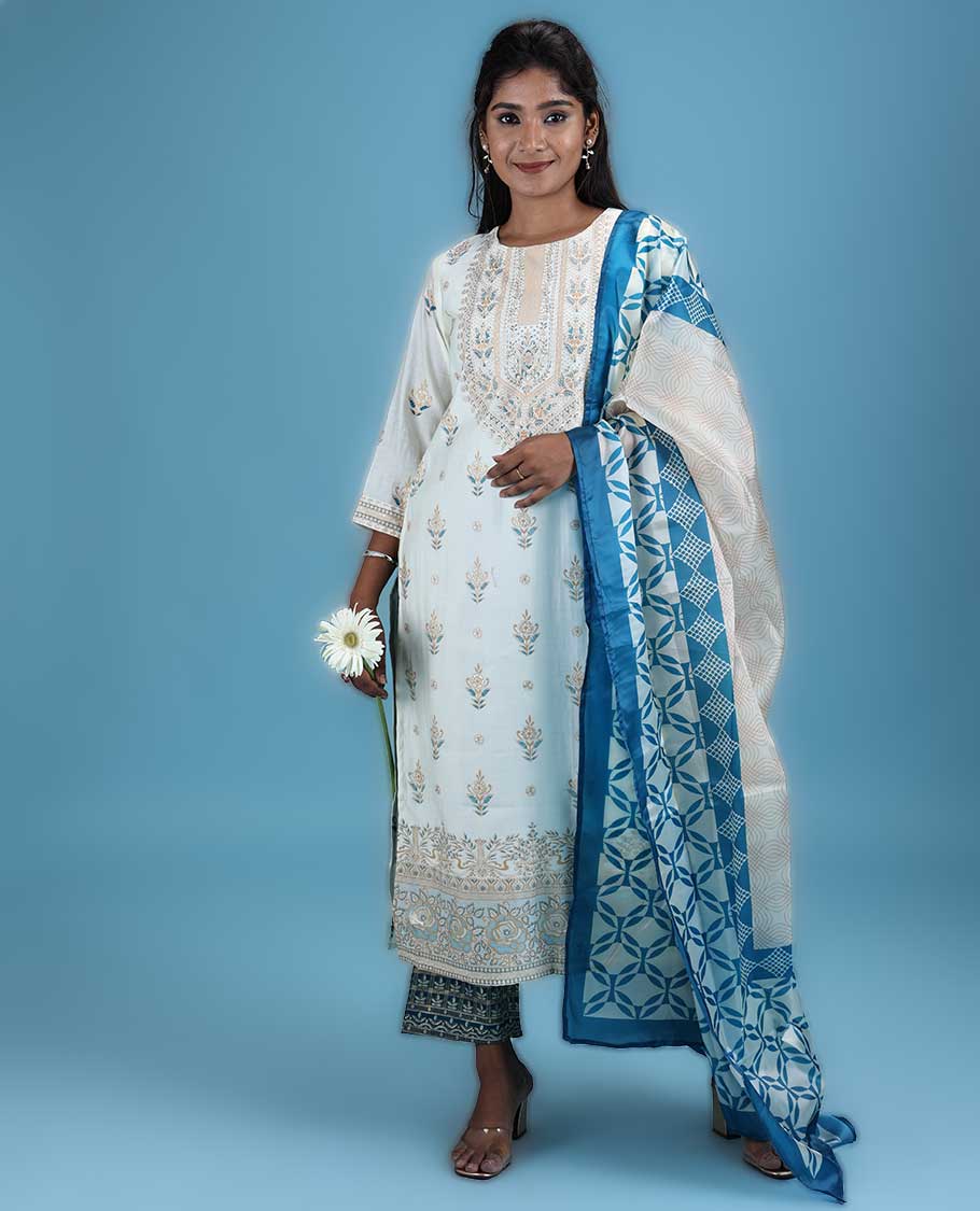 TheShoppothys Cream silk cotton readymade suit,printed & glitterwork 3/4th sleeve top,intricately printed dupatta & straight cut pants