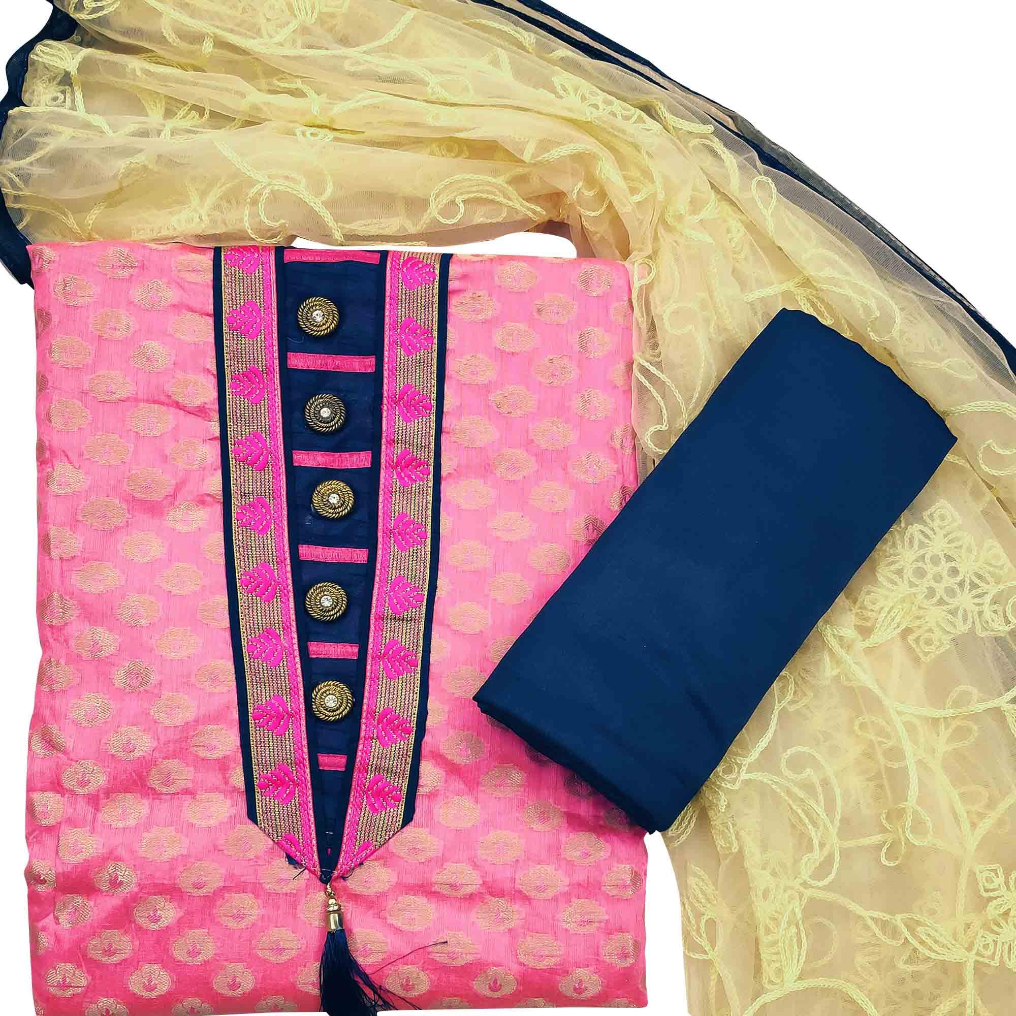 Peachmode Groovy Pink Colored Festive Wear Woven Heavy Banarasi Silk Dress Material