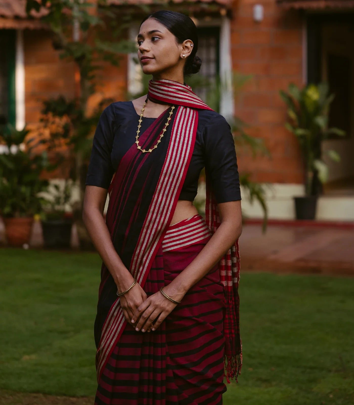 RmKV Maroon Handloom Bengal Cotton Saree With Red and Black Gradient stripes - view 3