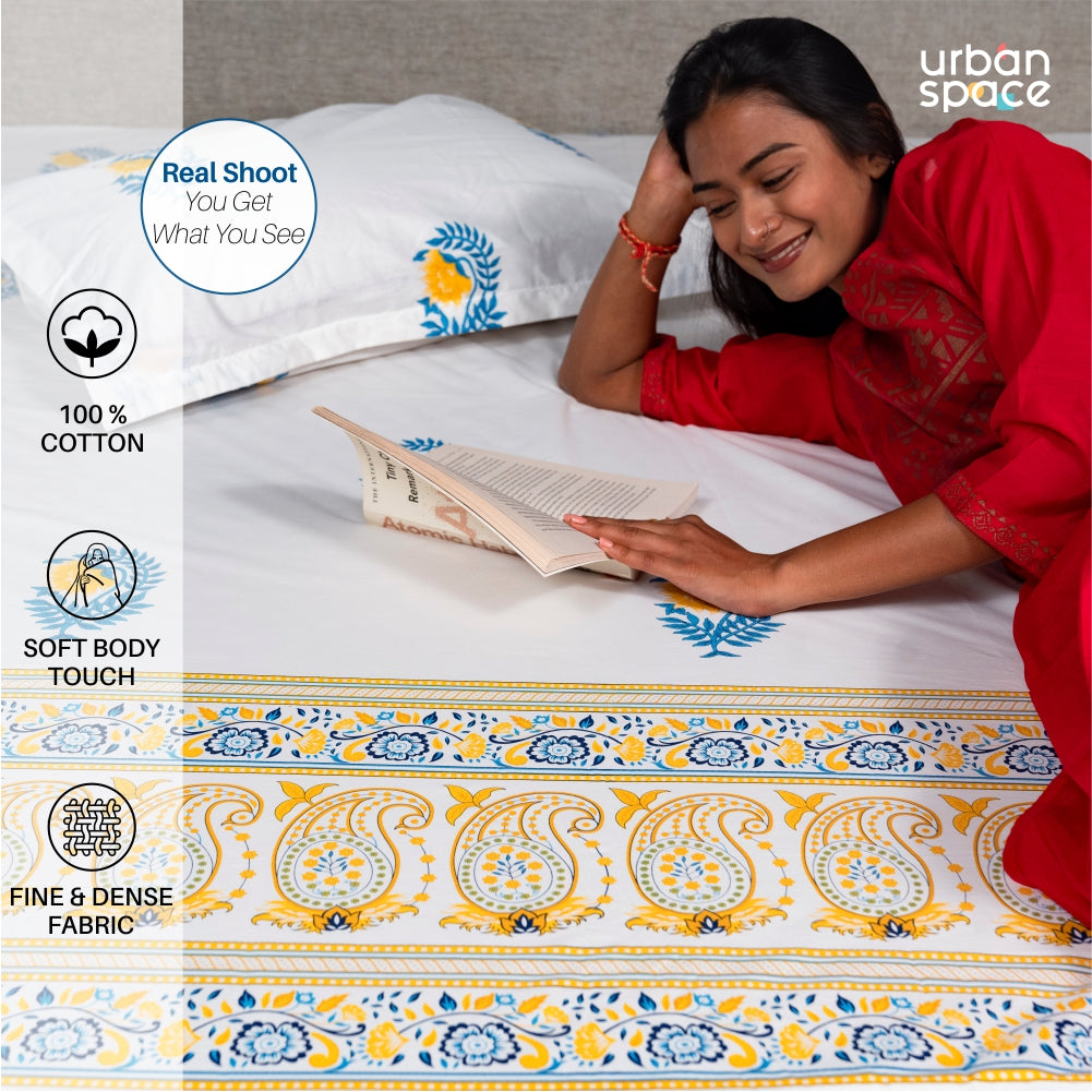 Urban Space -Home Furnishing Store Regal Collection - Breathable 200 TC 100% Pure Cotton Bedsheet with Pillow Cover, Ethnic Motif - Yellow - view 3