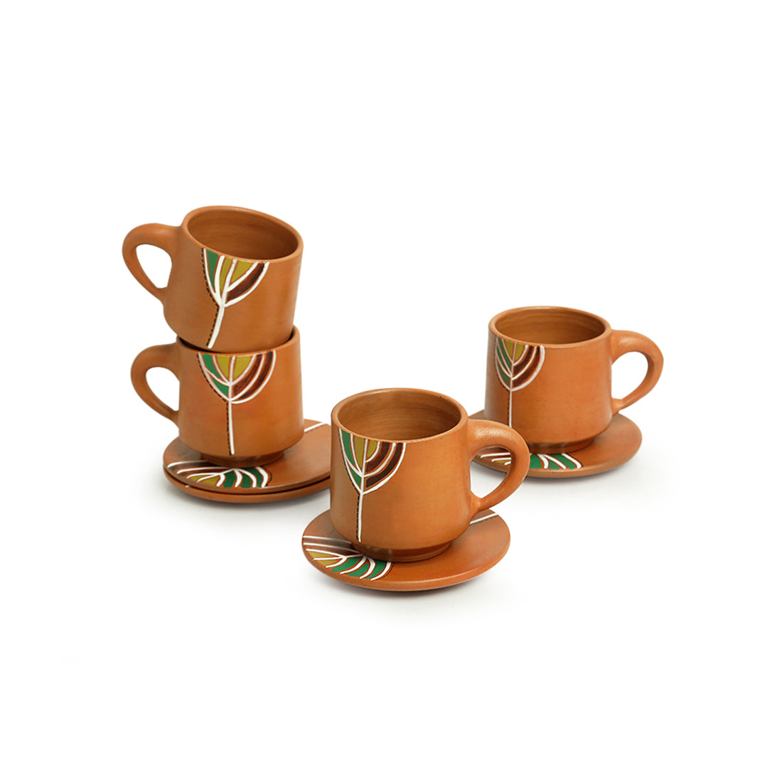 EXCLUSIVELANE 'Shades of a Leaf' Handpainted Terracotta Coffee & Tea Cups With Saucers (Set of 4, 160 ml) - view 2