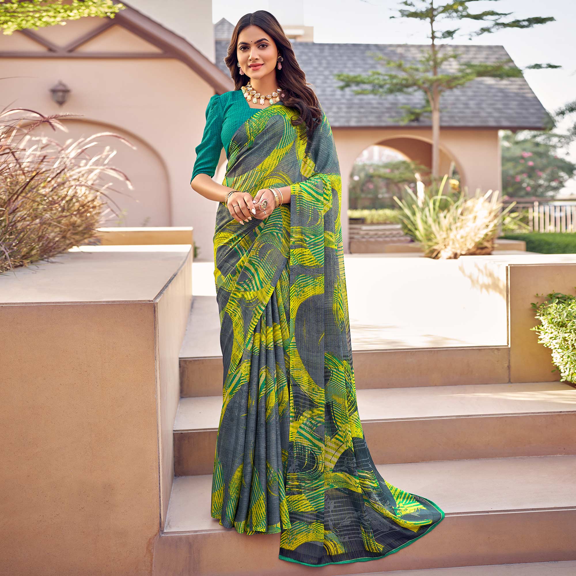 Peachmode Grey Yellow Printed Chiffon Saree – Women's