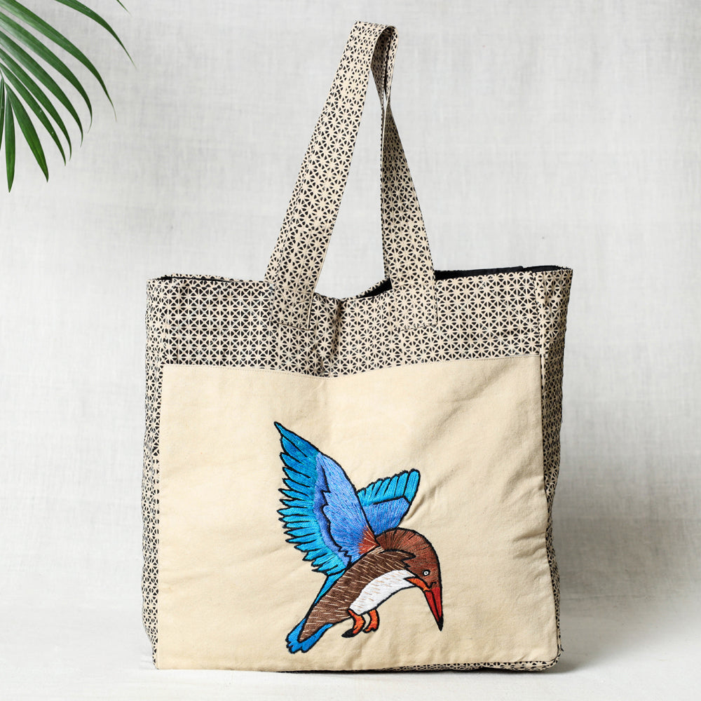 DASTKAR RANTHAMBORE Bird Hand Embroidered Cotton Hand Bag